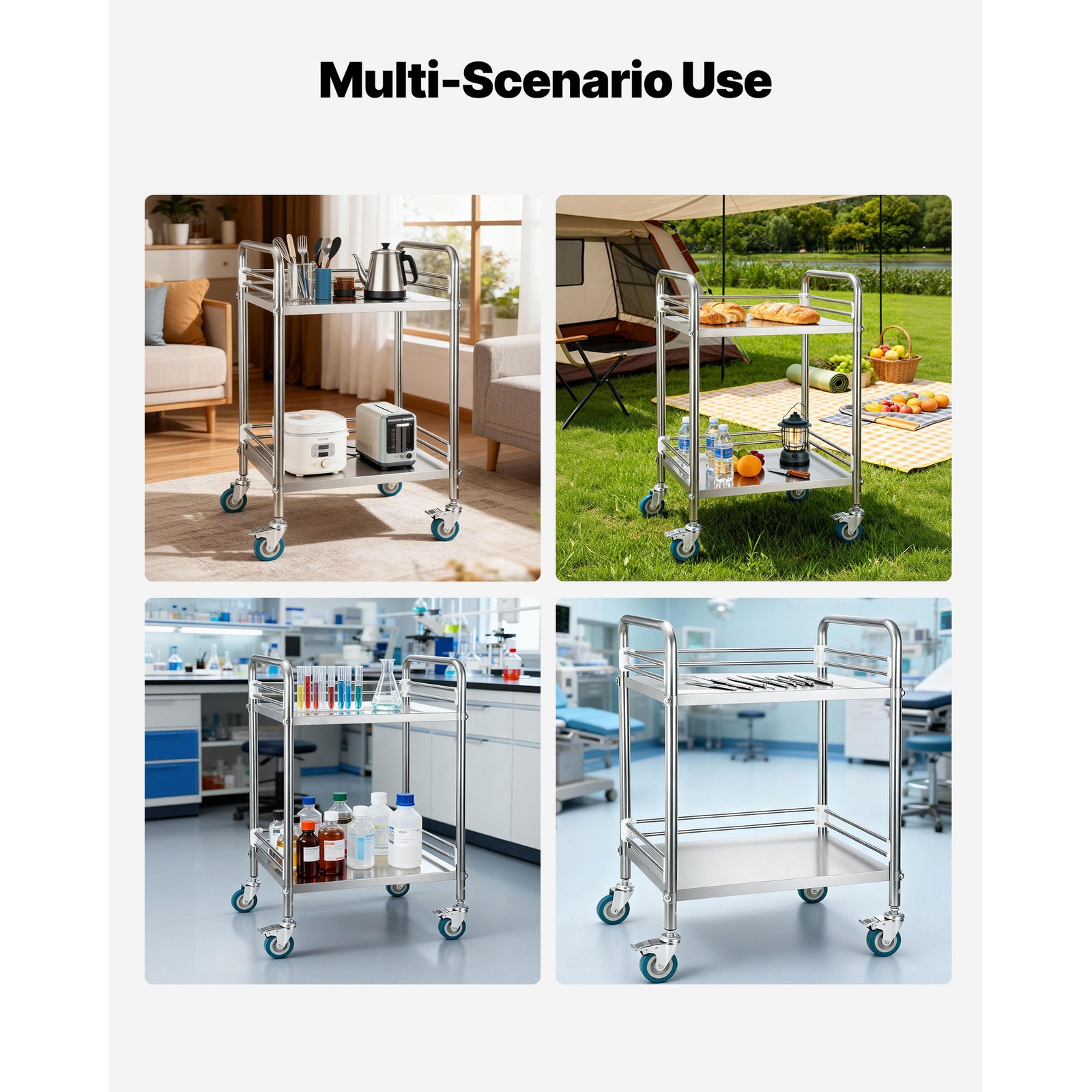 Uimoso Stainless Steel 2-Tier Rolling Lab Utility Cart Medical Lockable Wheels