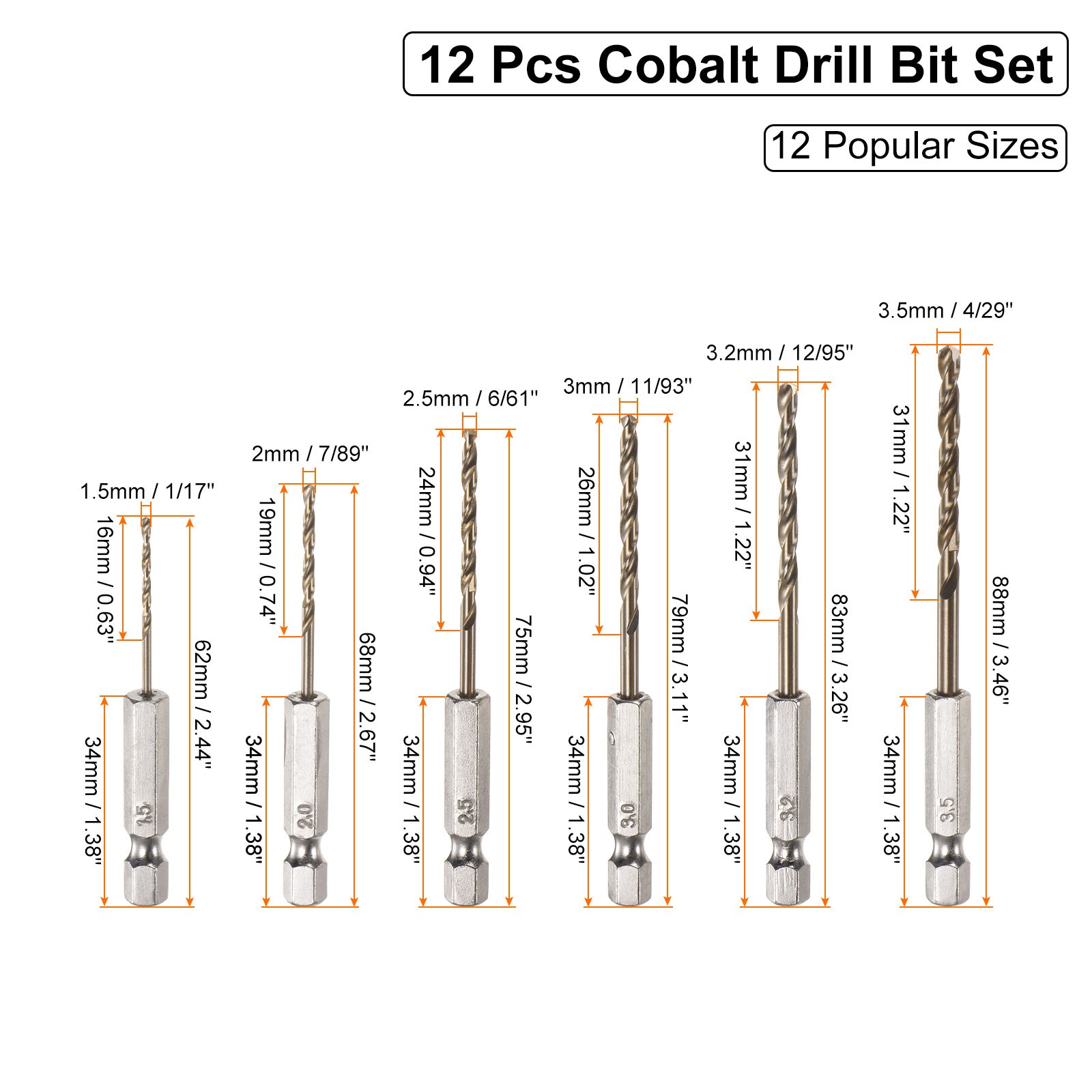 12pack Cobalt Drill Bit Set 12 Sizes M35 Twist Drills for Metal Hex Shank Bits