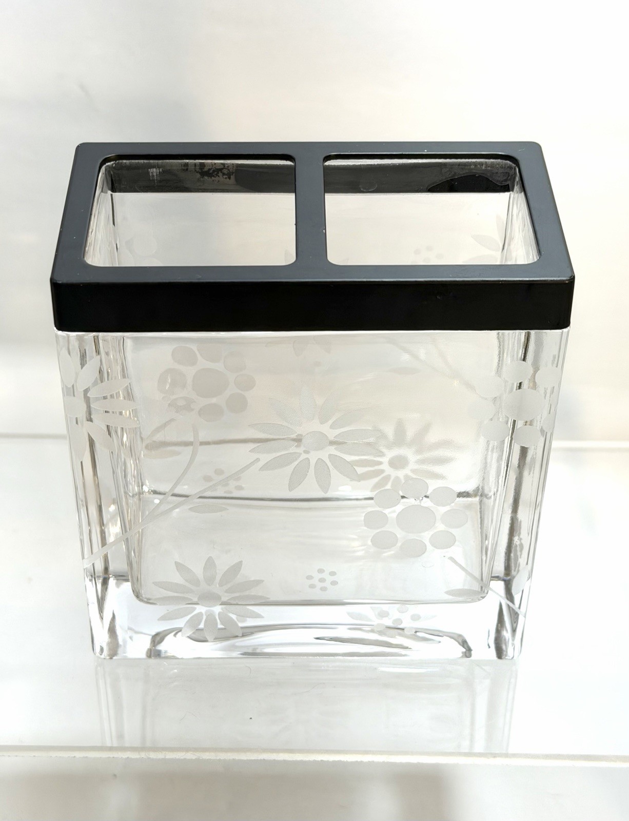 🌿 Etched Clear Glass Toothbrush Holder Heavy Quality Glass 4.75” Tall