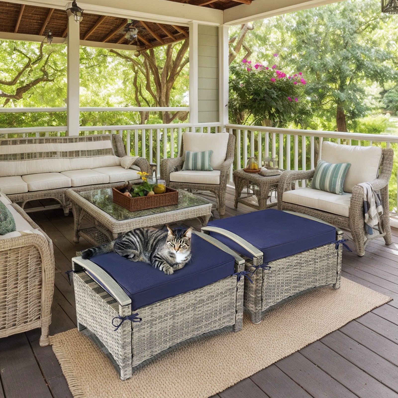 Gray Rattan with Cushions 2PCS In/Outdoor Plastic Wood Armrest Rattan Footstool