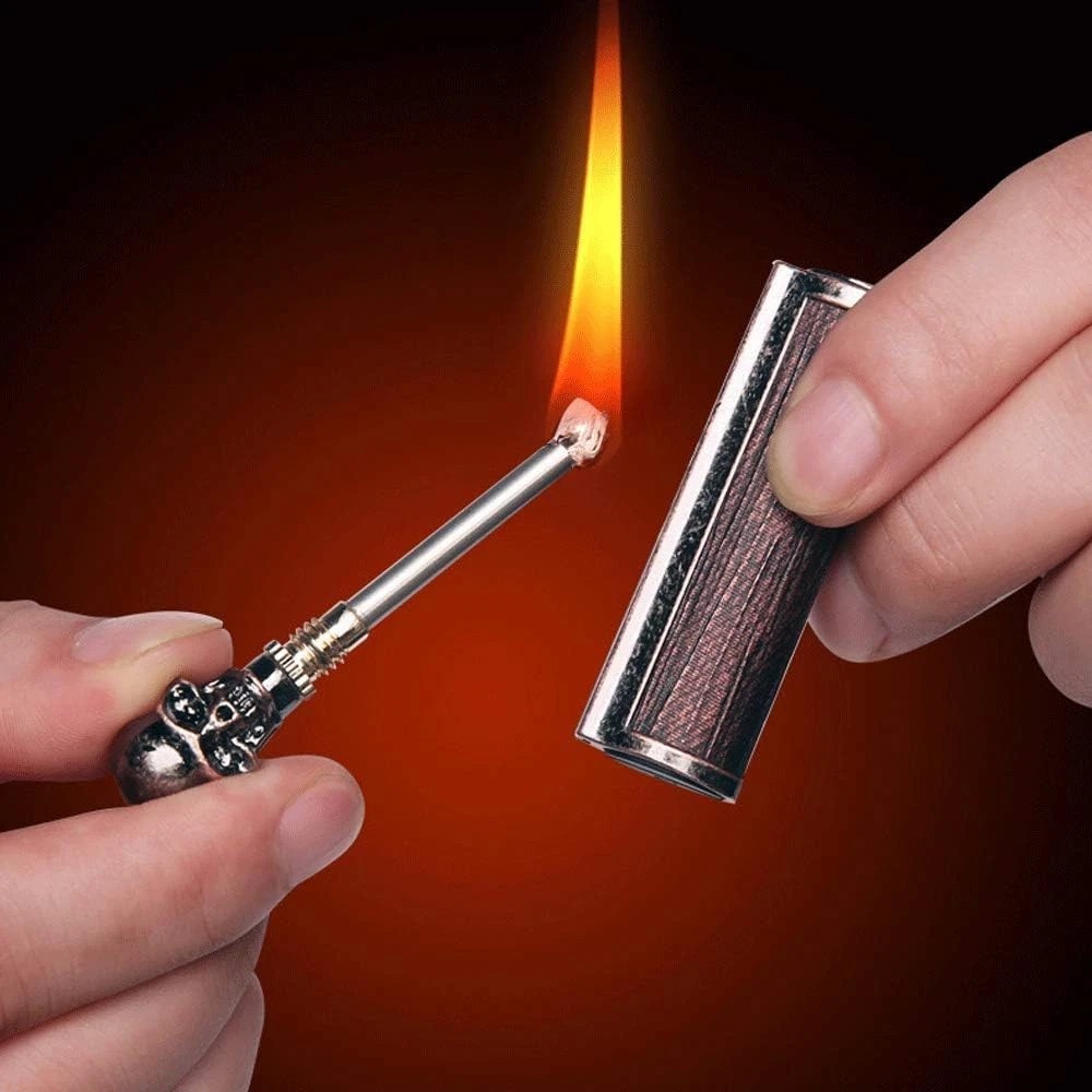 2pc Permanent Match Skull Keychain, Flint Matchstick Fire Starter Lighter