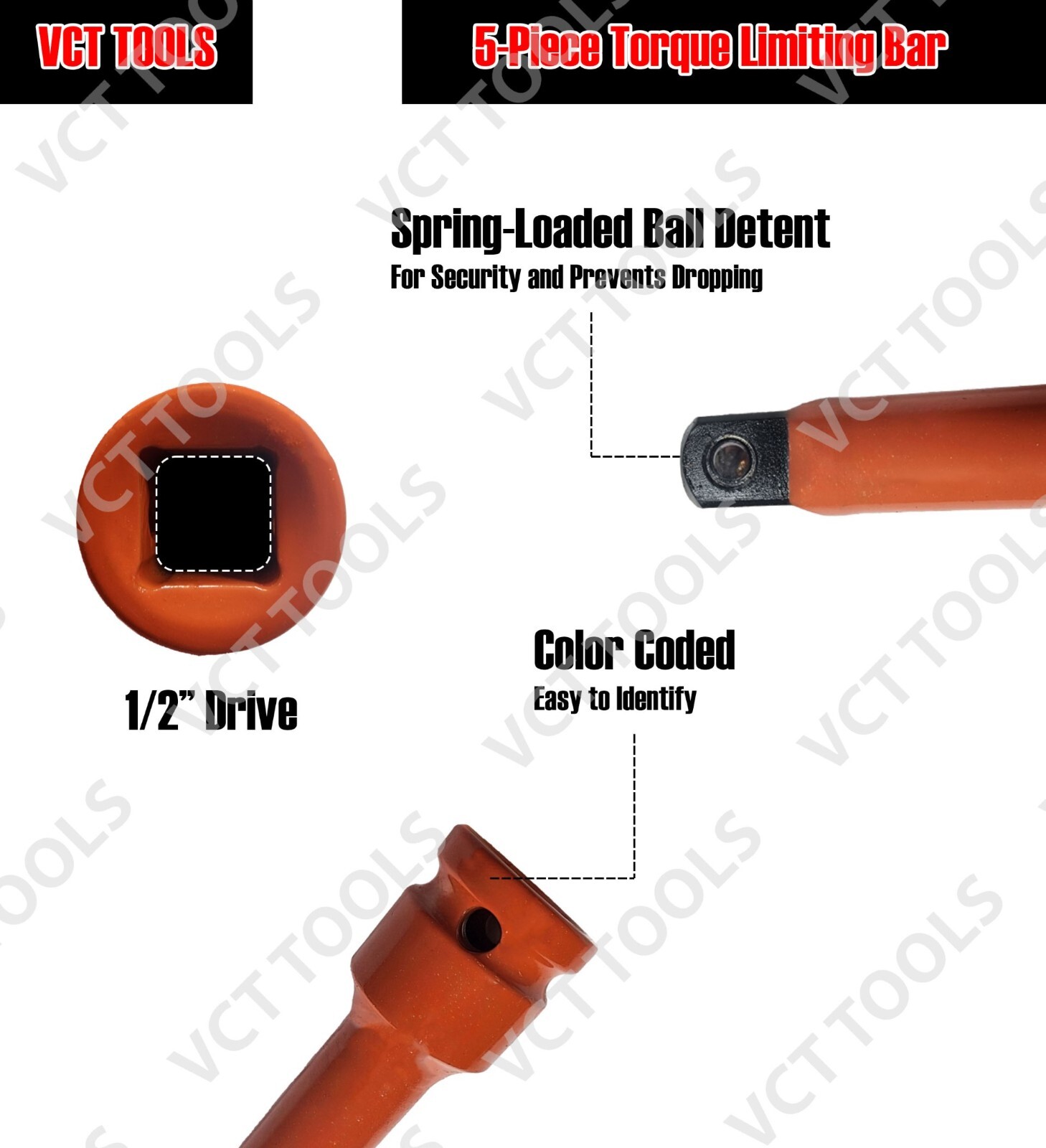 1/2" DR TORQUE EXTENSION BAR STICK SET COLOR & LETTER CODED WITH CASE