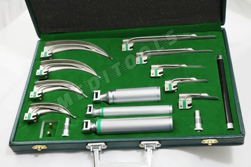FIBER OPTIC LARYNGOSCOPE MAC + MILLER SET OF 18 EA ! EMT Anesthesia Intubation