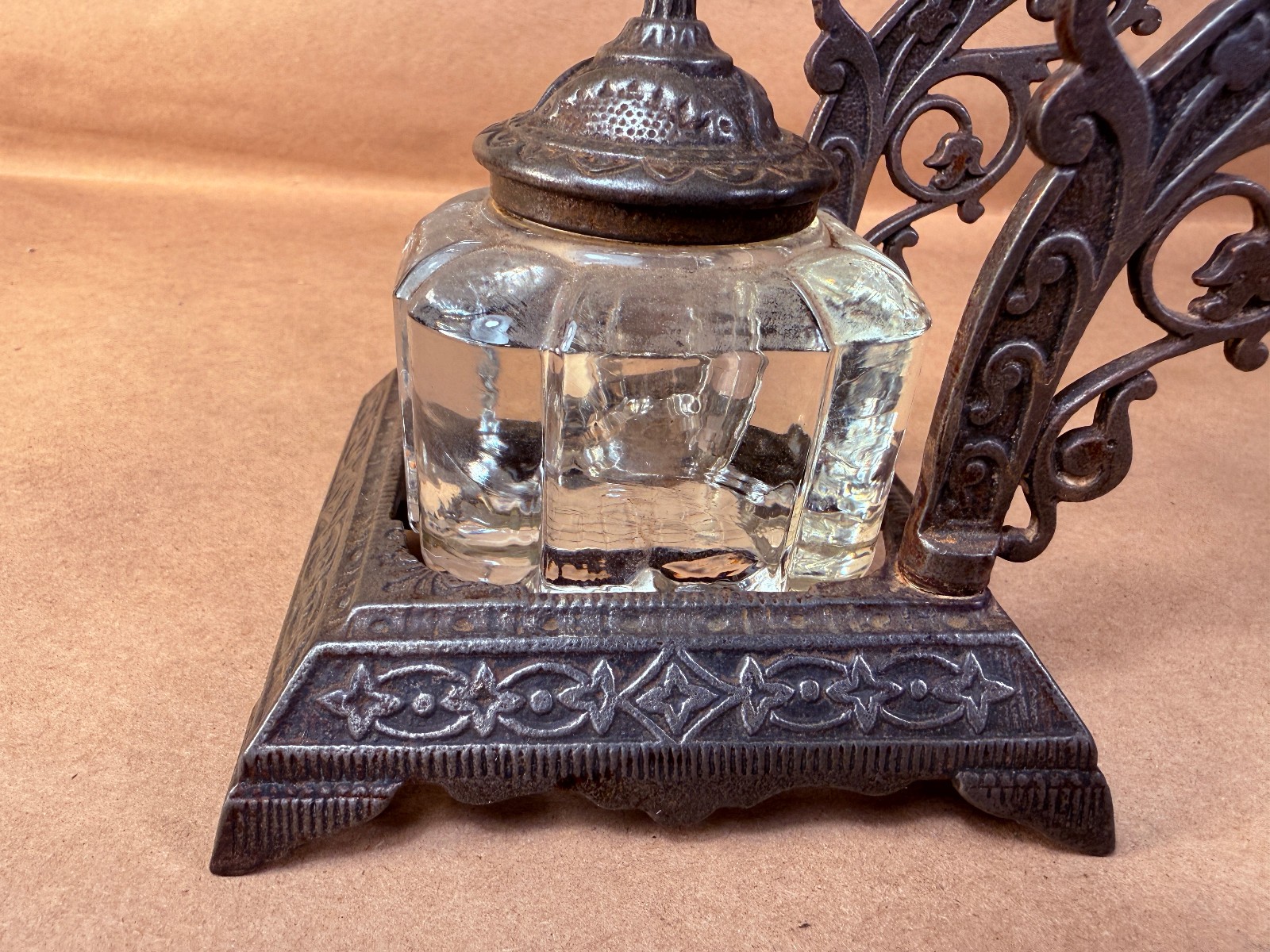 Antique Victorian Cast Iron Inkwell and Pen Holder with Glass Inkwell