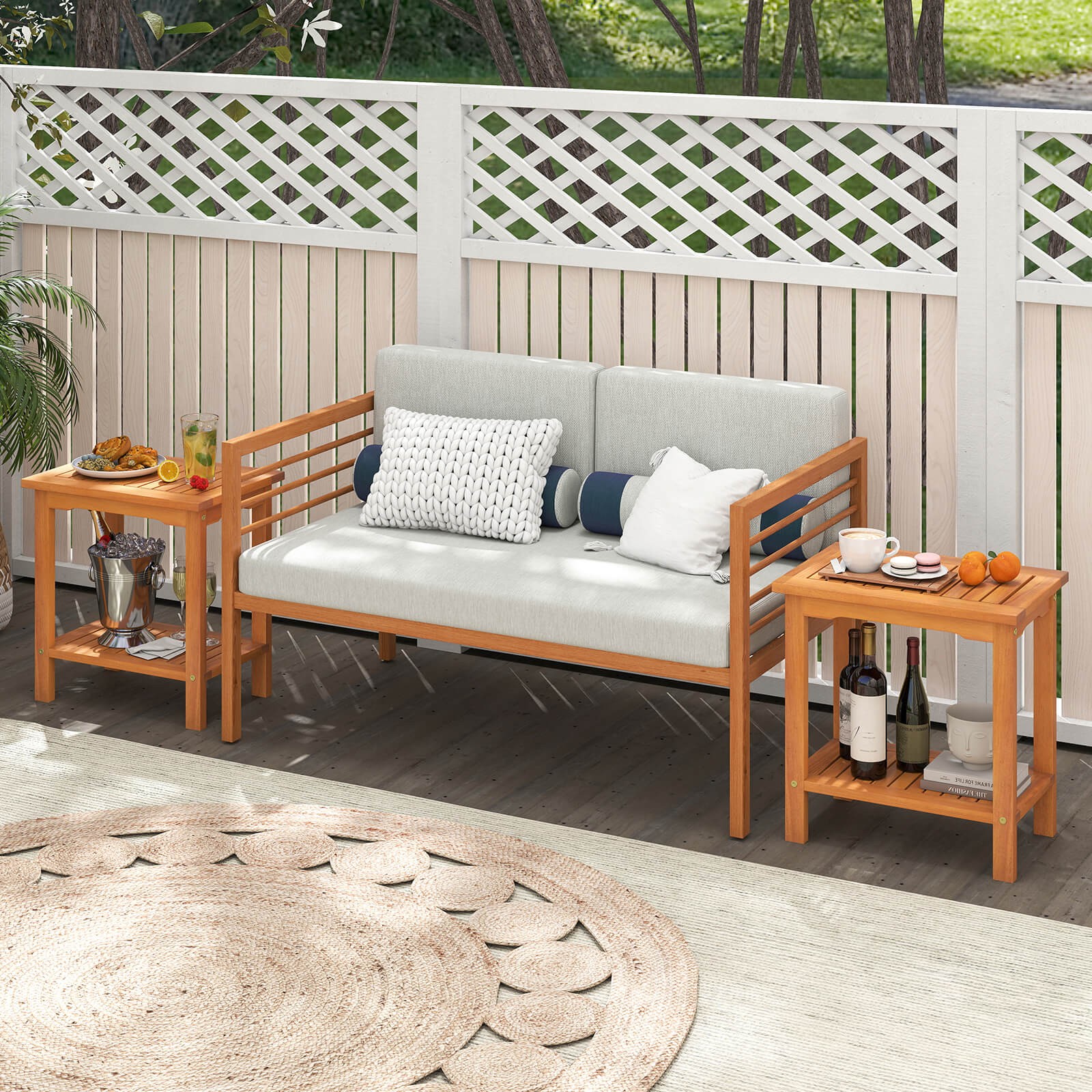 Outdoor Acacia Wood Side Table 2-Tier Patio End Table with Slatted Tabletop