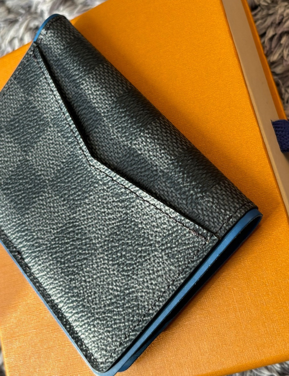 AUTH Louis Vuitton N64432 Damier Graphite Blue Edge Card Case Wallet AB LV