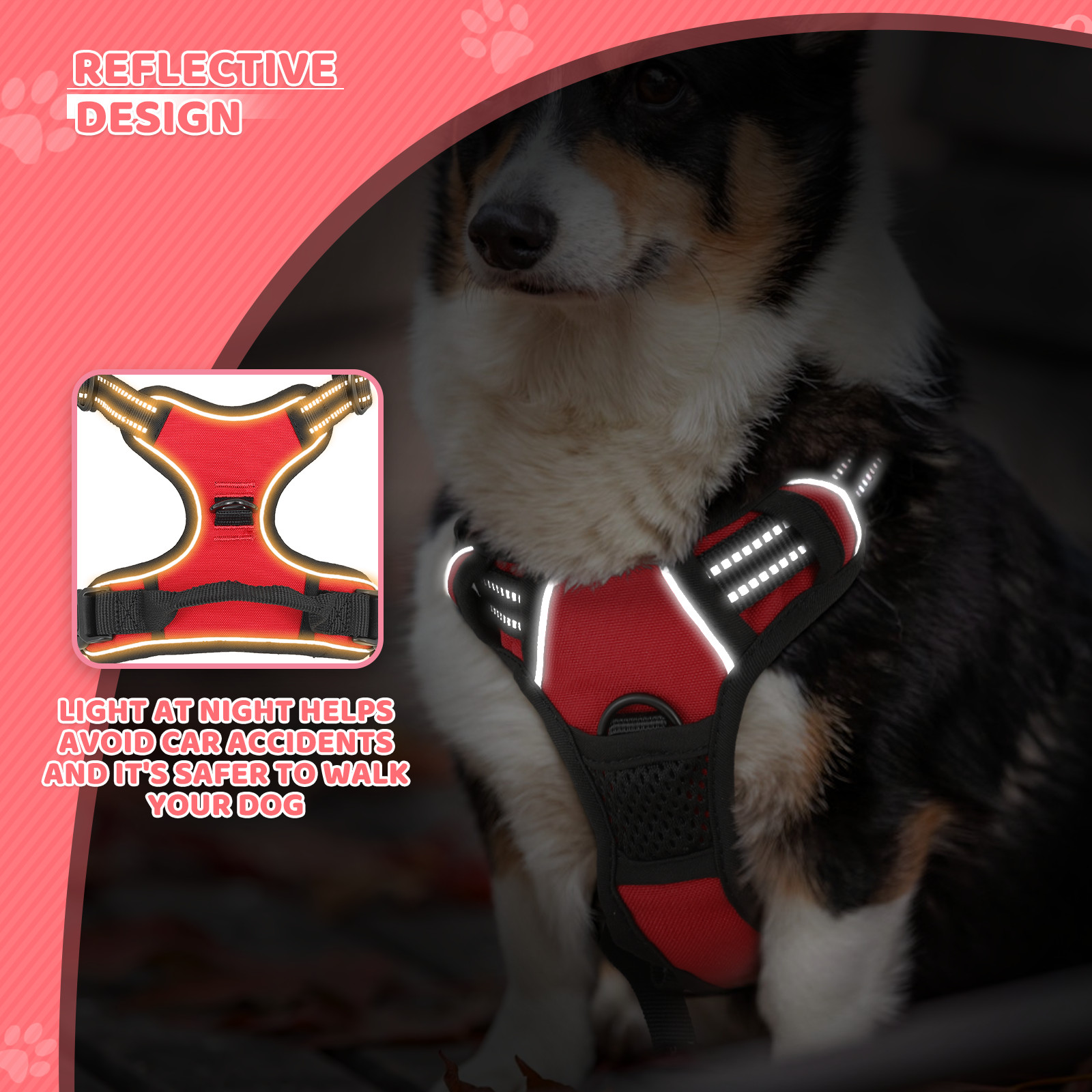 Adjustable Control No Pull Pet Dog Harness Red w/Reflective Strips & Soft Handle