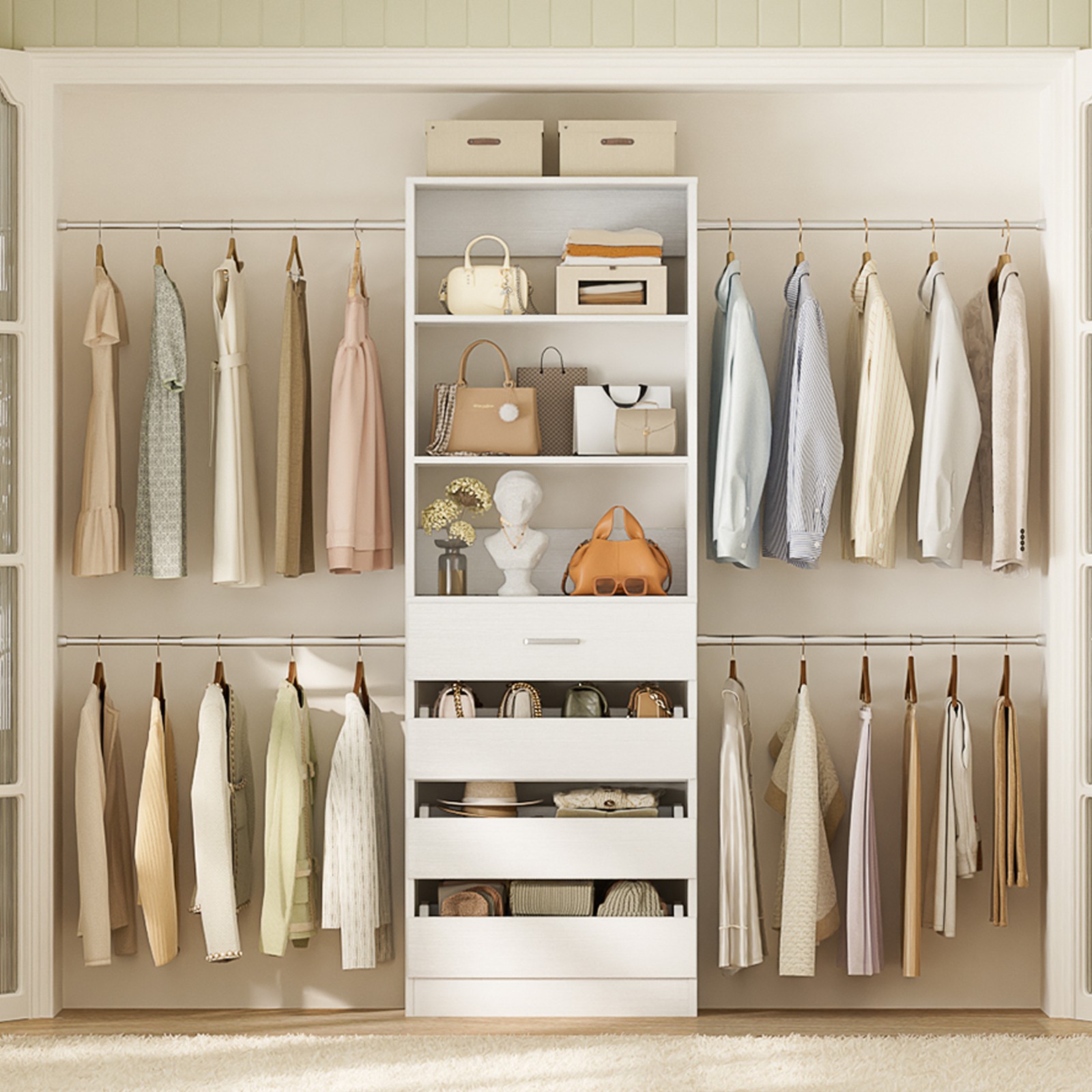 4-9Ft Closet Organizer with 4 Drawers and Hanging Rods, Walk-in Closet System
