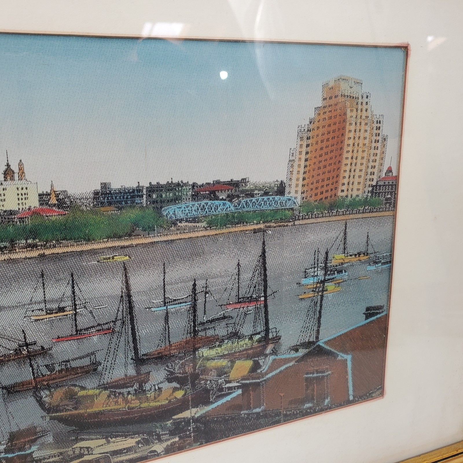 Vintage Shanghai The Bund Silk Woven Panorama Framed Historical Waterfront Art