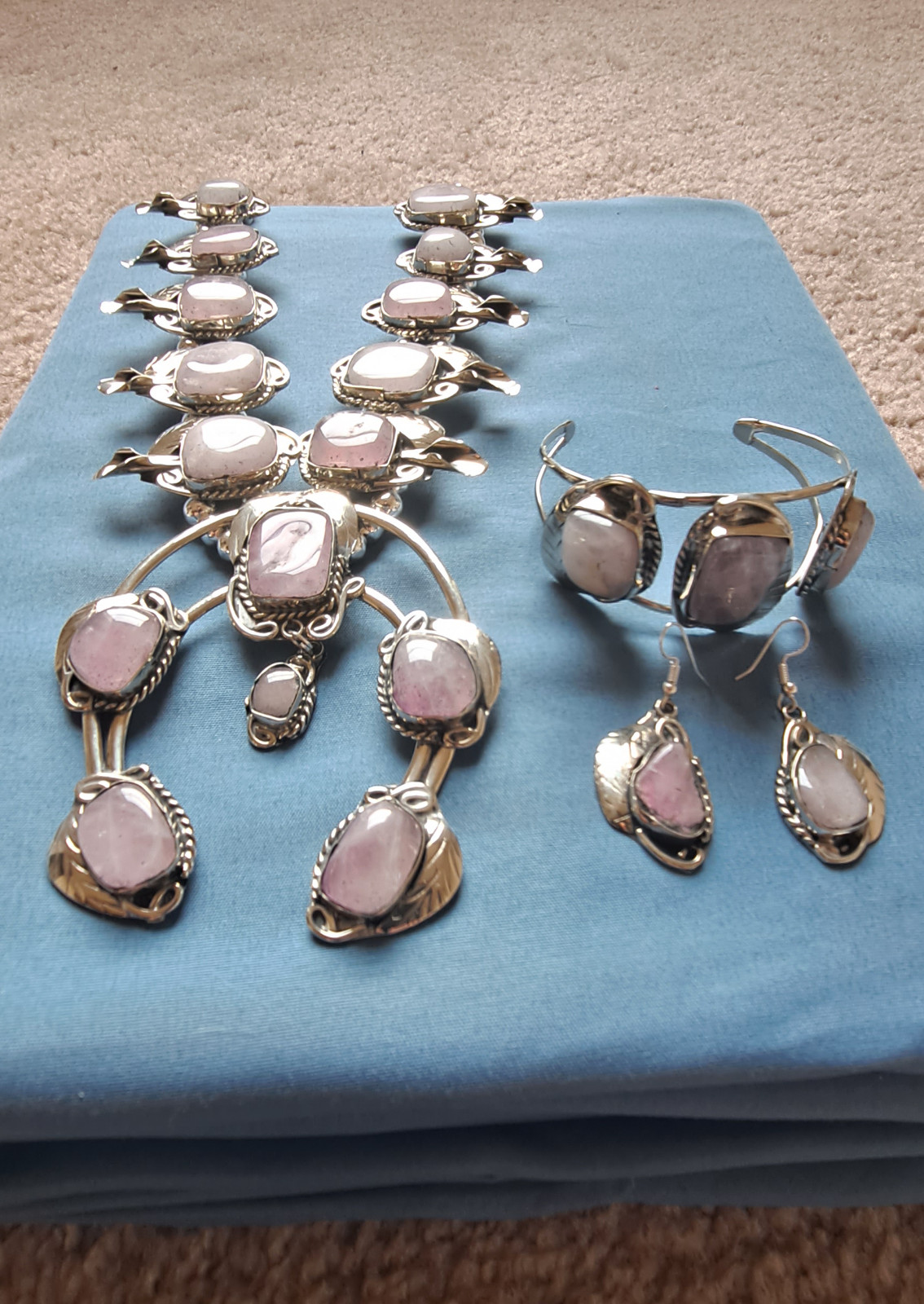 HUGE ROSE QUARTZ Silver Squash Blossom Necklace /w Bracelet and Earrings