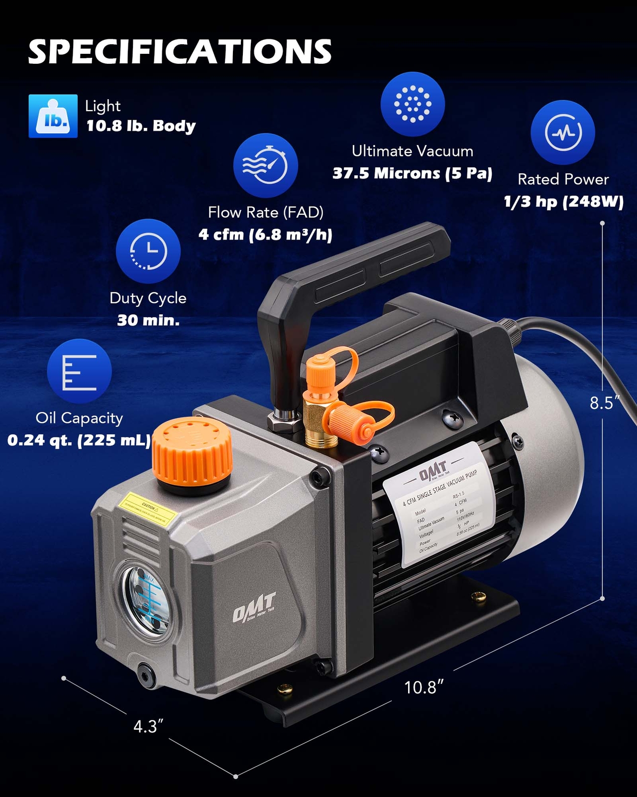OMT Combo 1/3HP 4CFM Air Vacuum Pump MANIFOLD GAUGE Set HVAC AC Refrigerant Kit