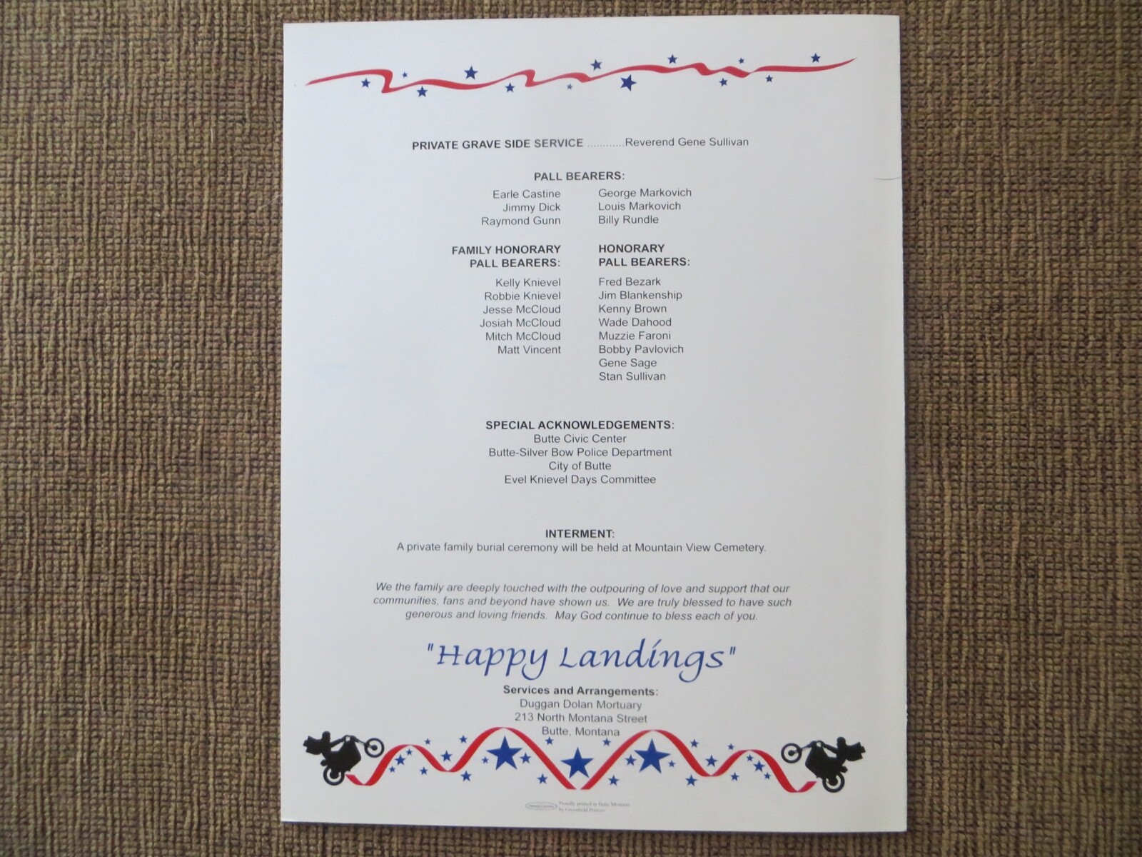 EVEL KNIEVEL 2007 ORIGINAL FUNERAL PROGRAM FROM BUTTE, MT-CREATED BY FAMILY.