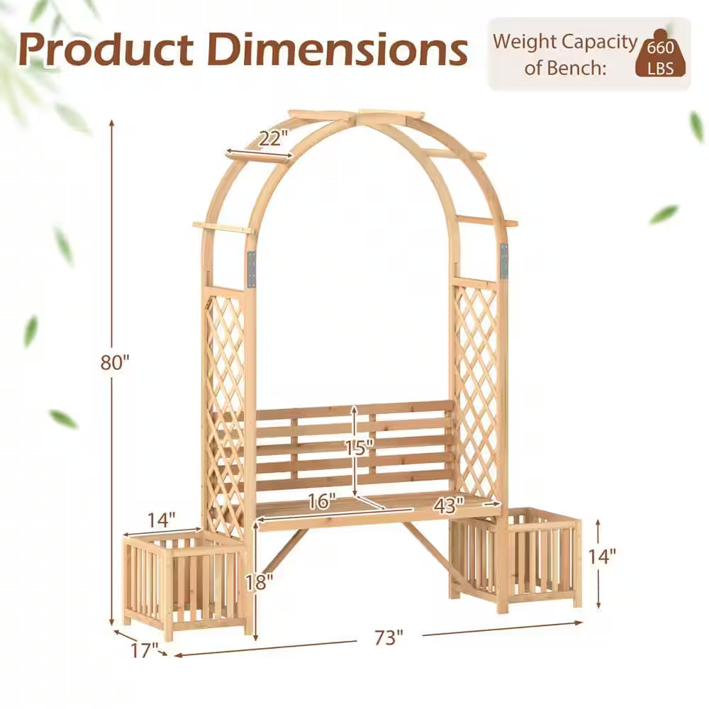 Garden Bench Arbor Arch with Love Seat 2 Trellises & Planting Box to Grow Grapes