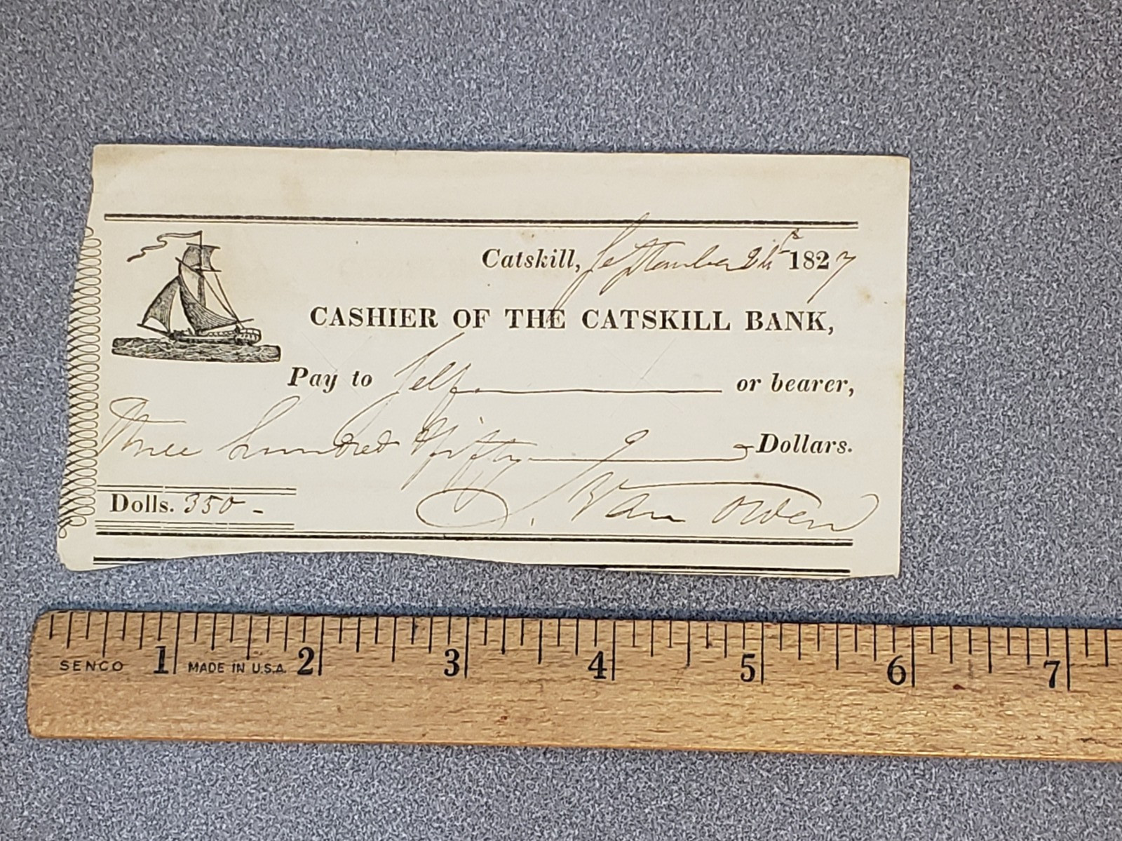 1825 (sailing ship) on bank check from Catskill Bank, N.Y.