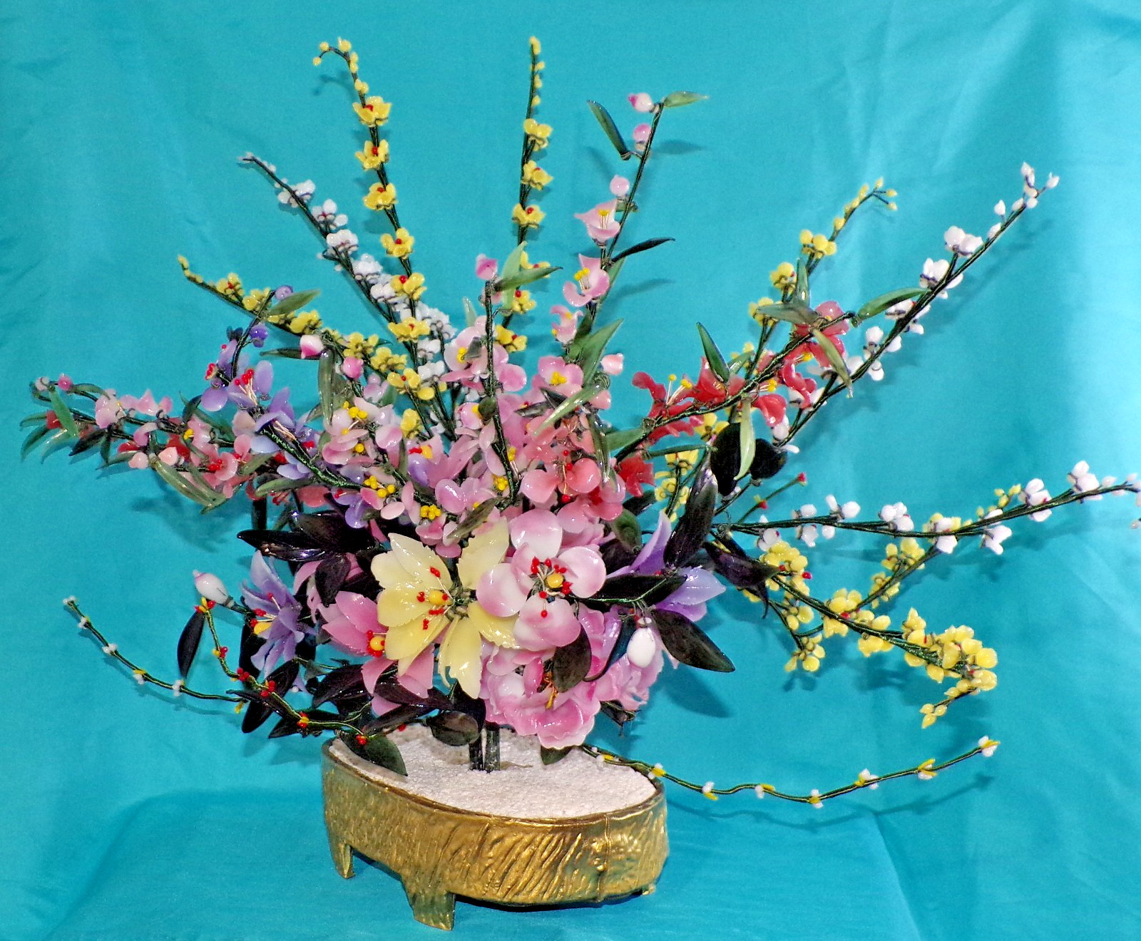 Large Jade Quartz Stone Glass Flower Bonsai Tree Vintage 20H x 30W Centerpiece