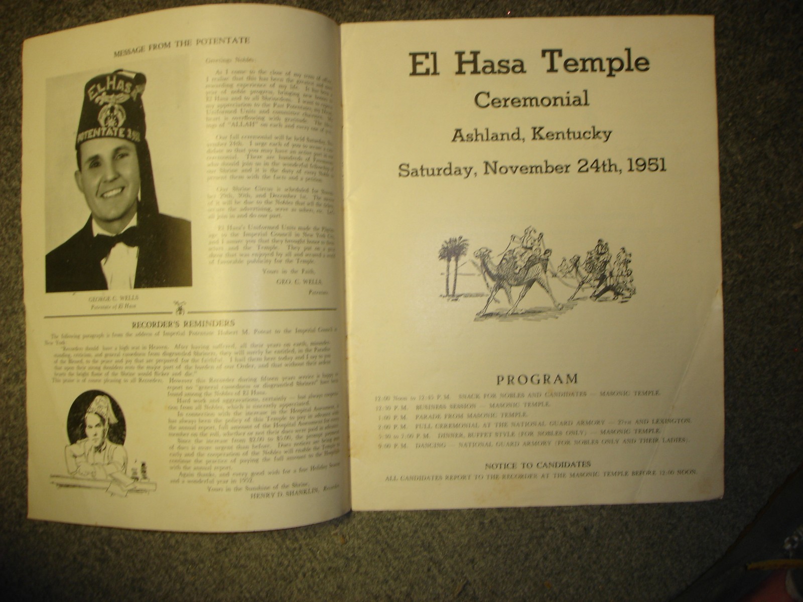 1951 El Hasa Temple Ceremonial - Ashland Kentucky - Program- Shriner's