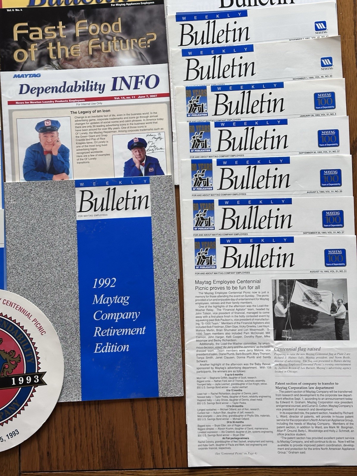 Lot of Maytag Employee Bulletins Buttons Recognition Medals MORE Newton Iowa!