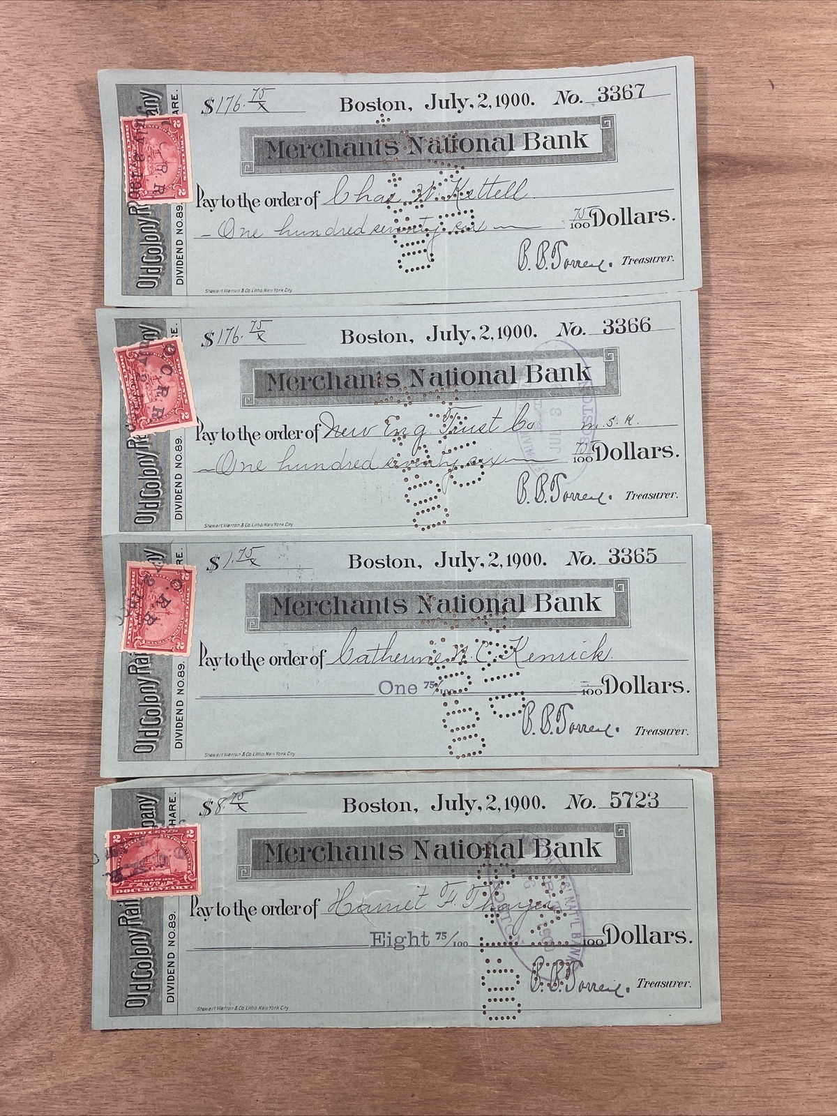 4 Vintage 1900 Merchants National Bank Boston Canceled Checks 2 Cent Stamps