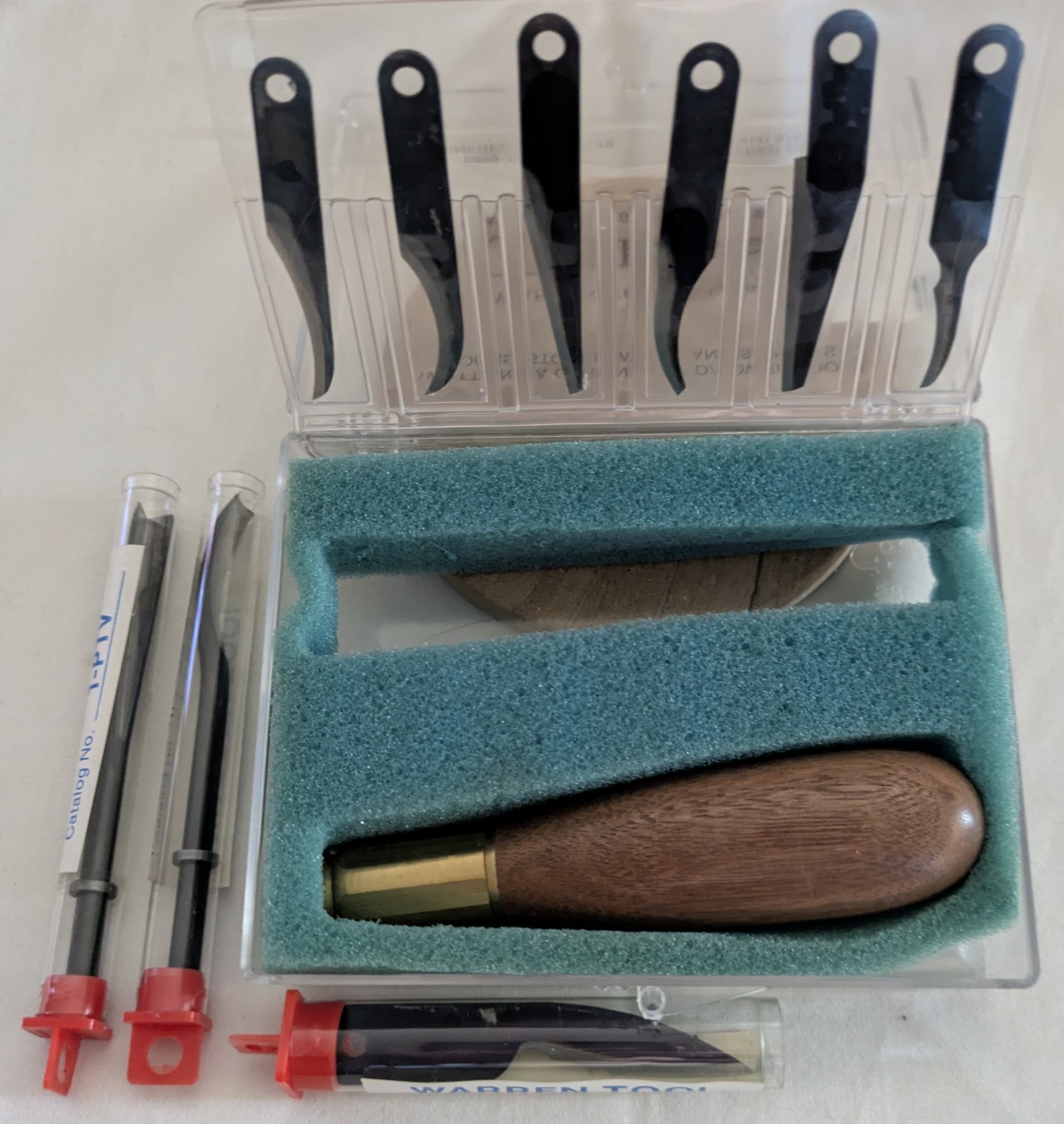 Vintage Warren Tool Company Whittling / Carving Set, incl 9 Blades, Handle, Case