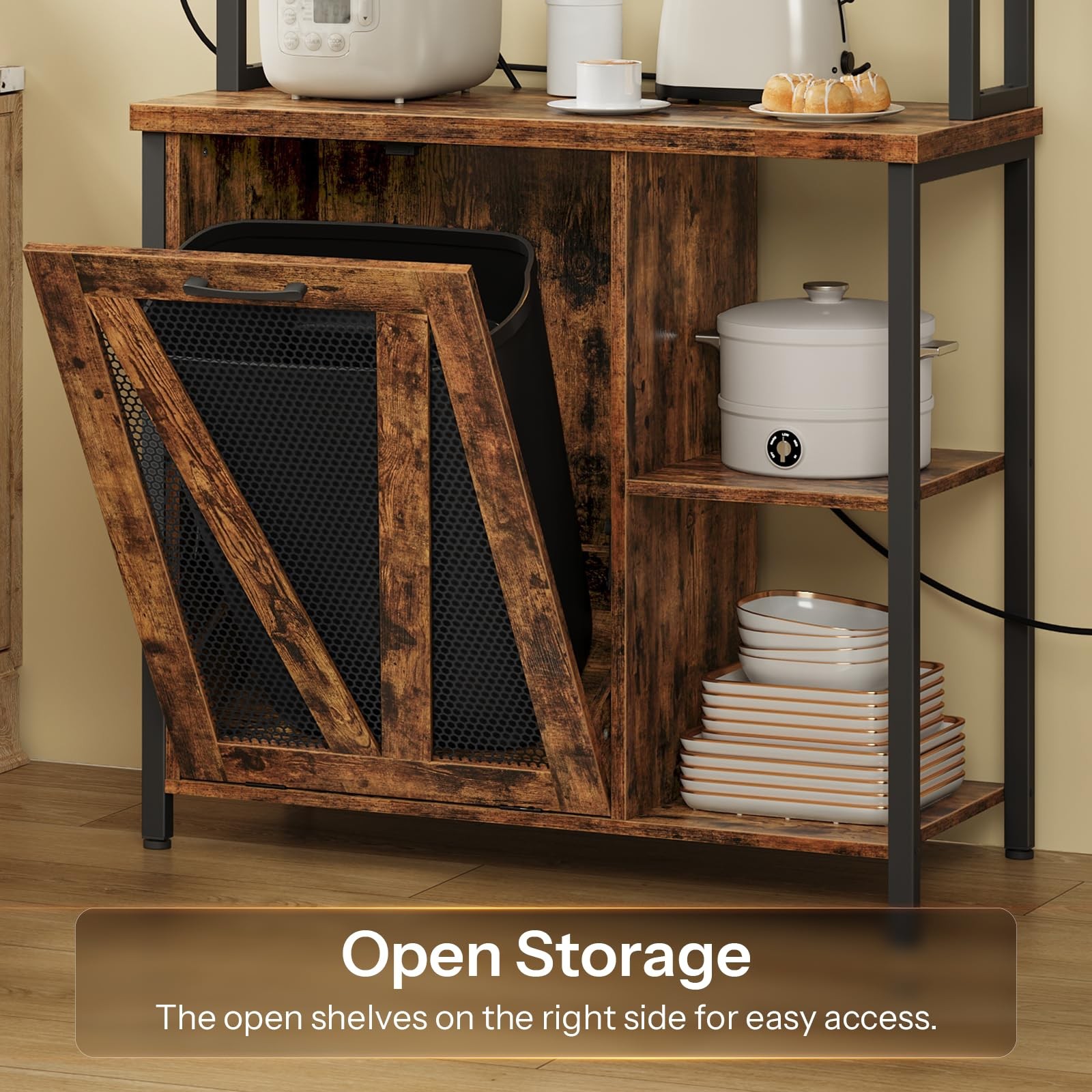 Bakers Rack with Trash Can Bin Cabinet, 6-Tier Microwave Stand with LED Stripe