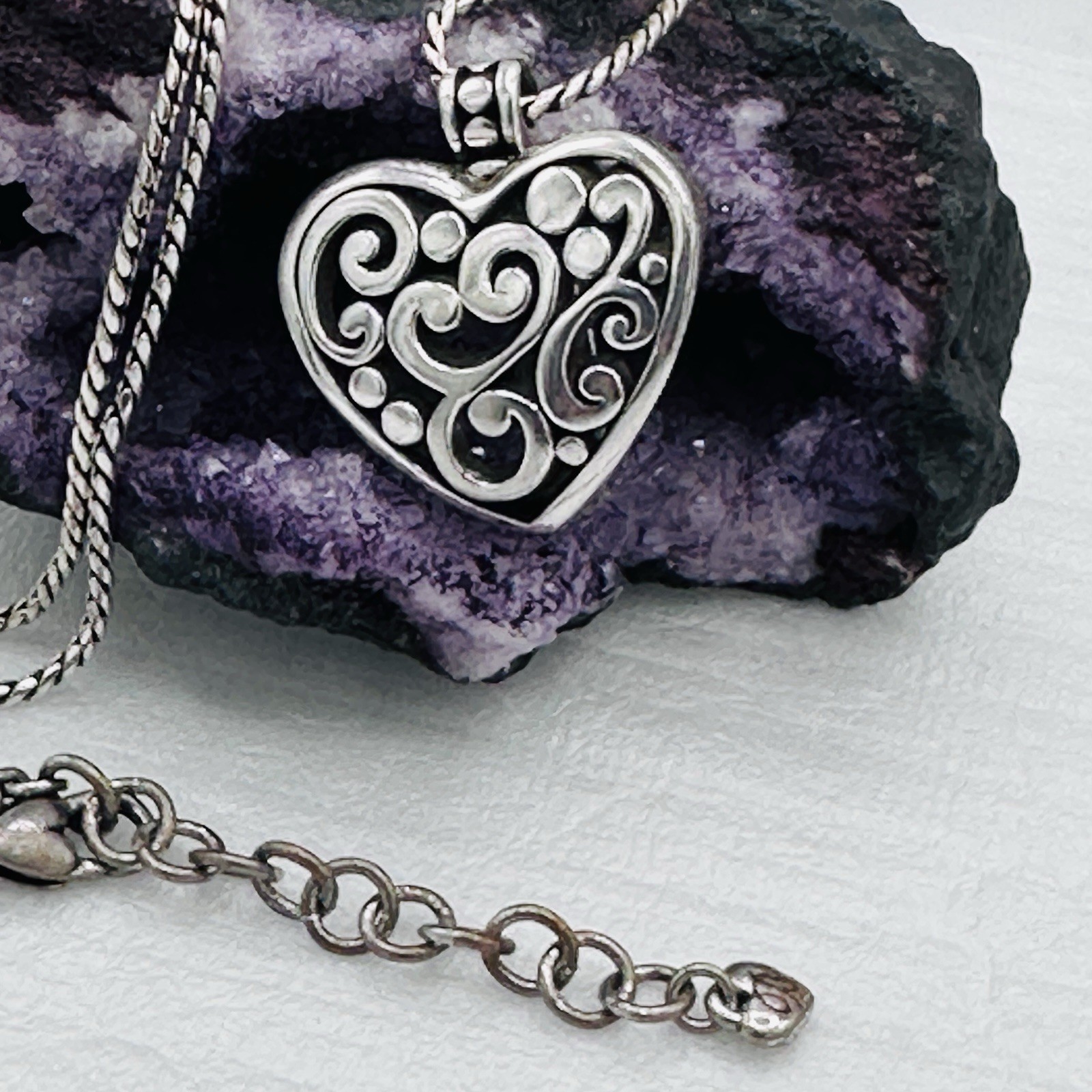 Brighton Silver Filigree Heart ID Badge Clip Lanyard Necklace Long 32"