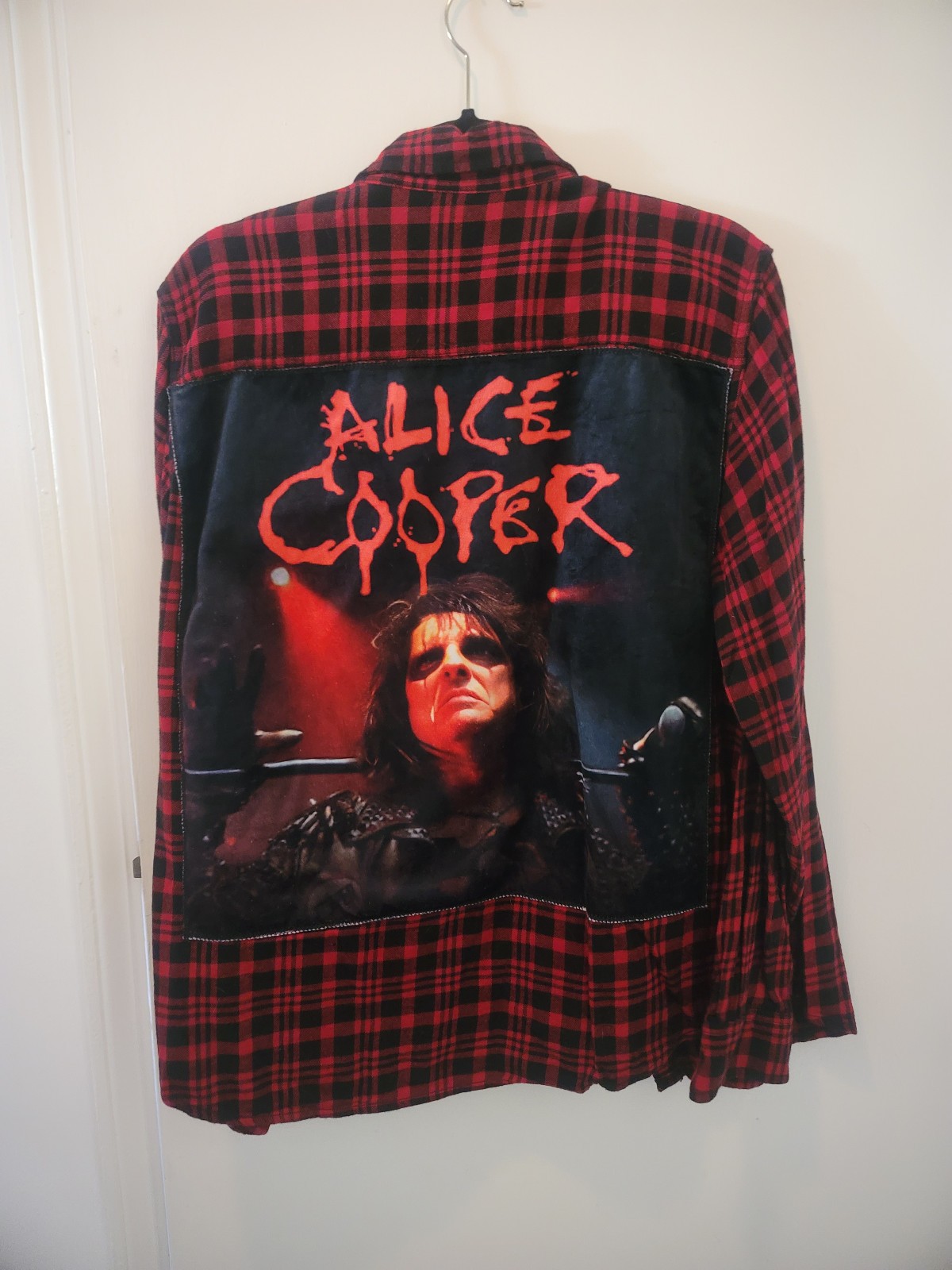 Upcycled Flannel Shirt, Alice Cooper on Back, Mens Size L (42-44)