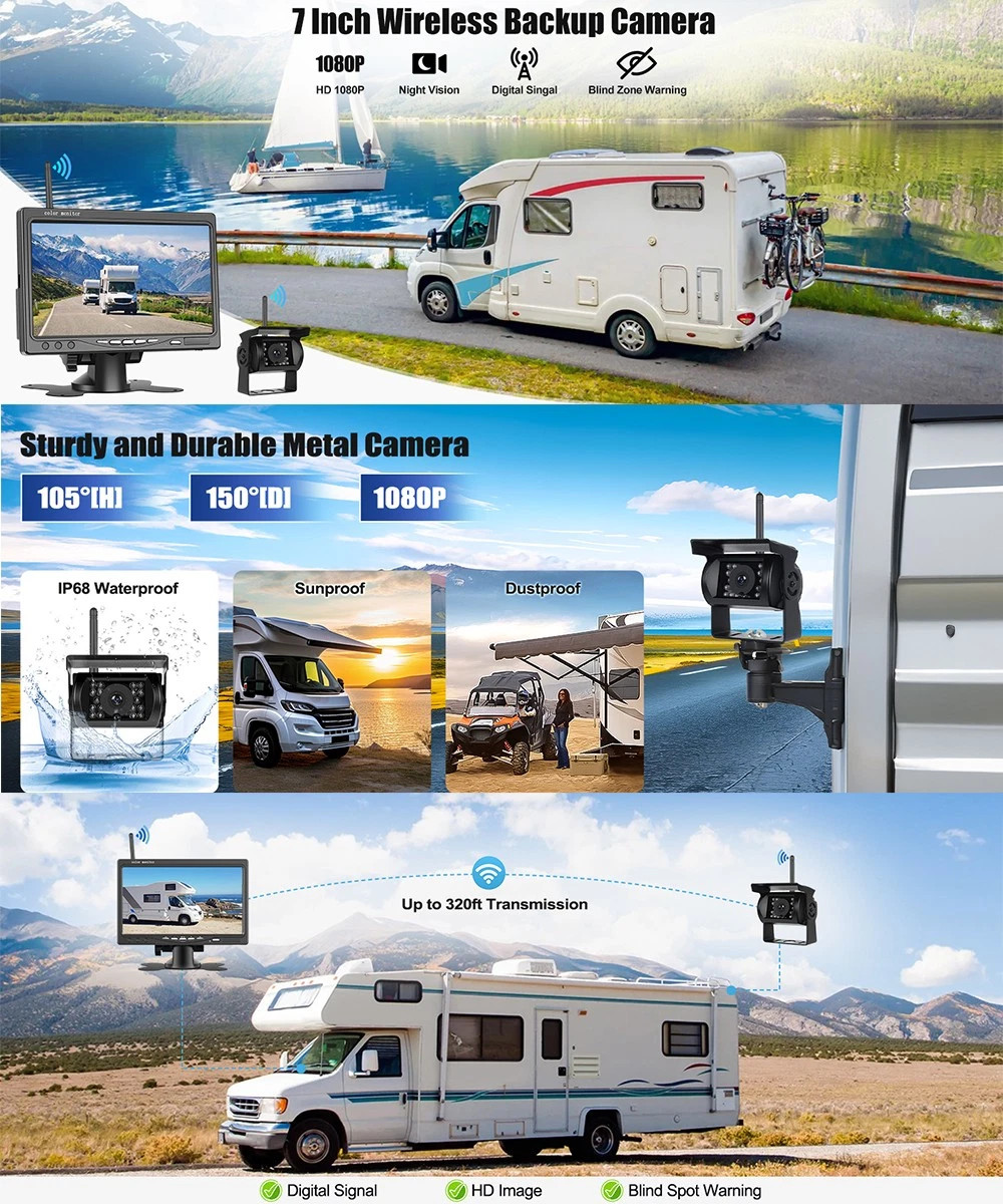 1080P WirelessBackup Camera 7" Quad Monitor for Truck Trailer RV