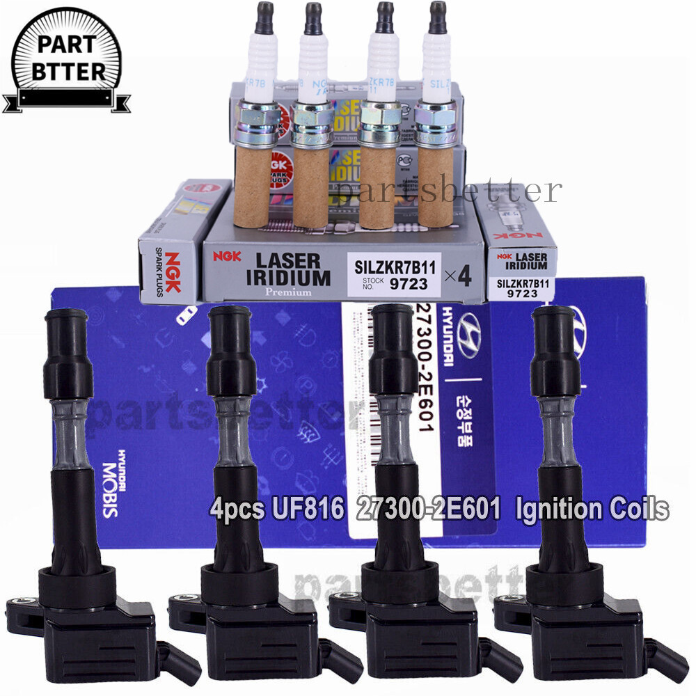 4X OEM UF816 Ignition Coil + NGK Spark Plug for 17-22 Kia Hyundai Elantra Sonata