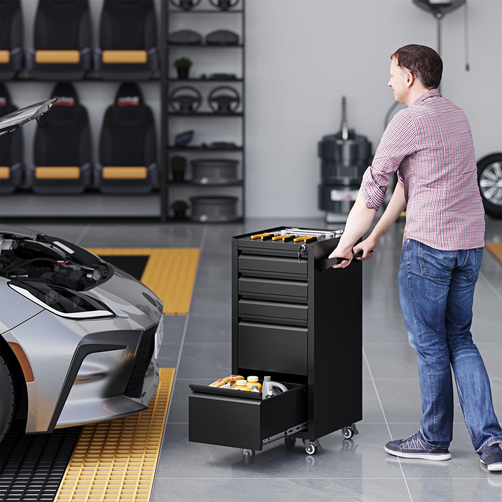 5-Drawer Metal Tool Storage Cabinet with Wheels,Rolling Tool Chest with Drawer