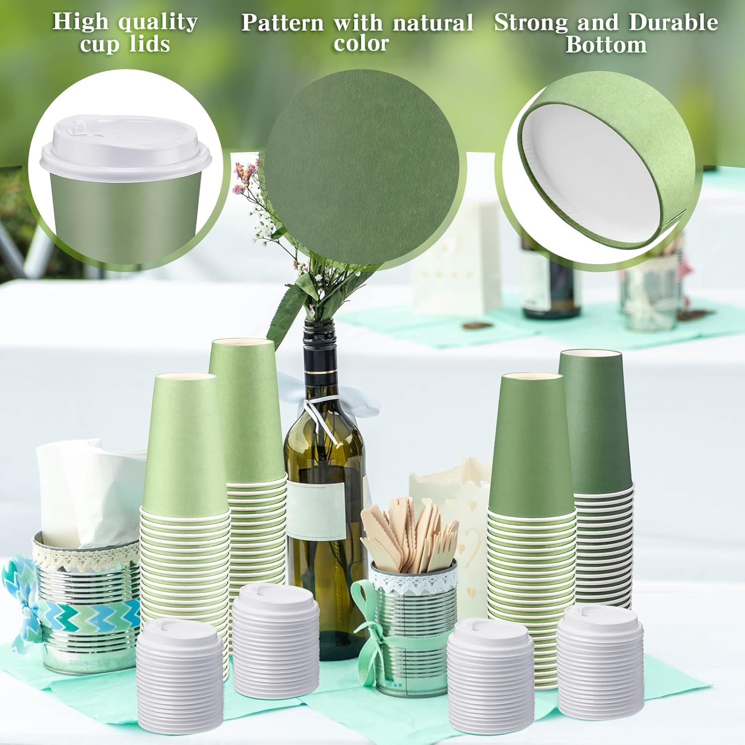 100 Count Paper Coffee Cups with Lids - Sage Green for All Occasions
