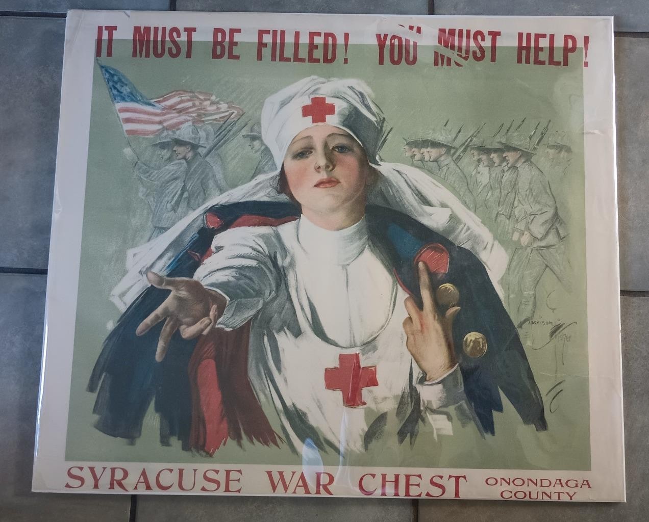 HARRISON FISHER RED CROSS POSTER ONONDAGA COUNTY SYRACUSE WAR CHEST WWI MISPRINT