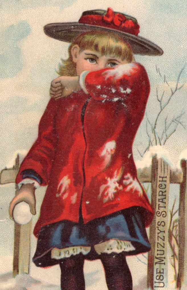 C1880-90s - Muzzy Starch Co Elkhart Indiana Snowball Fight Trade Card - XL2T
