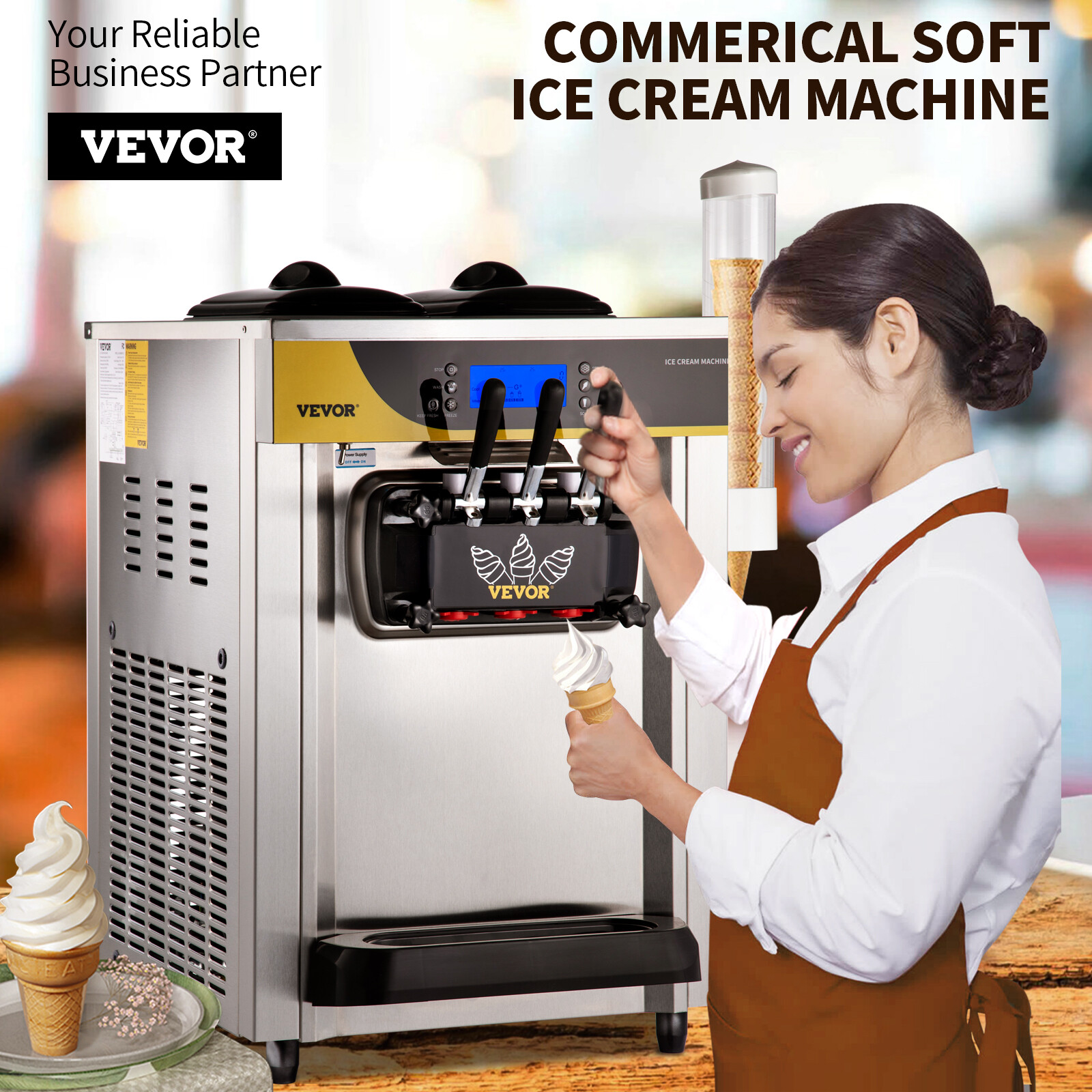 VEVOR Commercial Ice Cream Machine 22-30L/H 2200W Countertop Soft Serve Maker