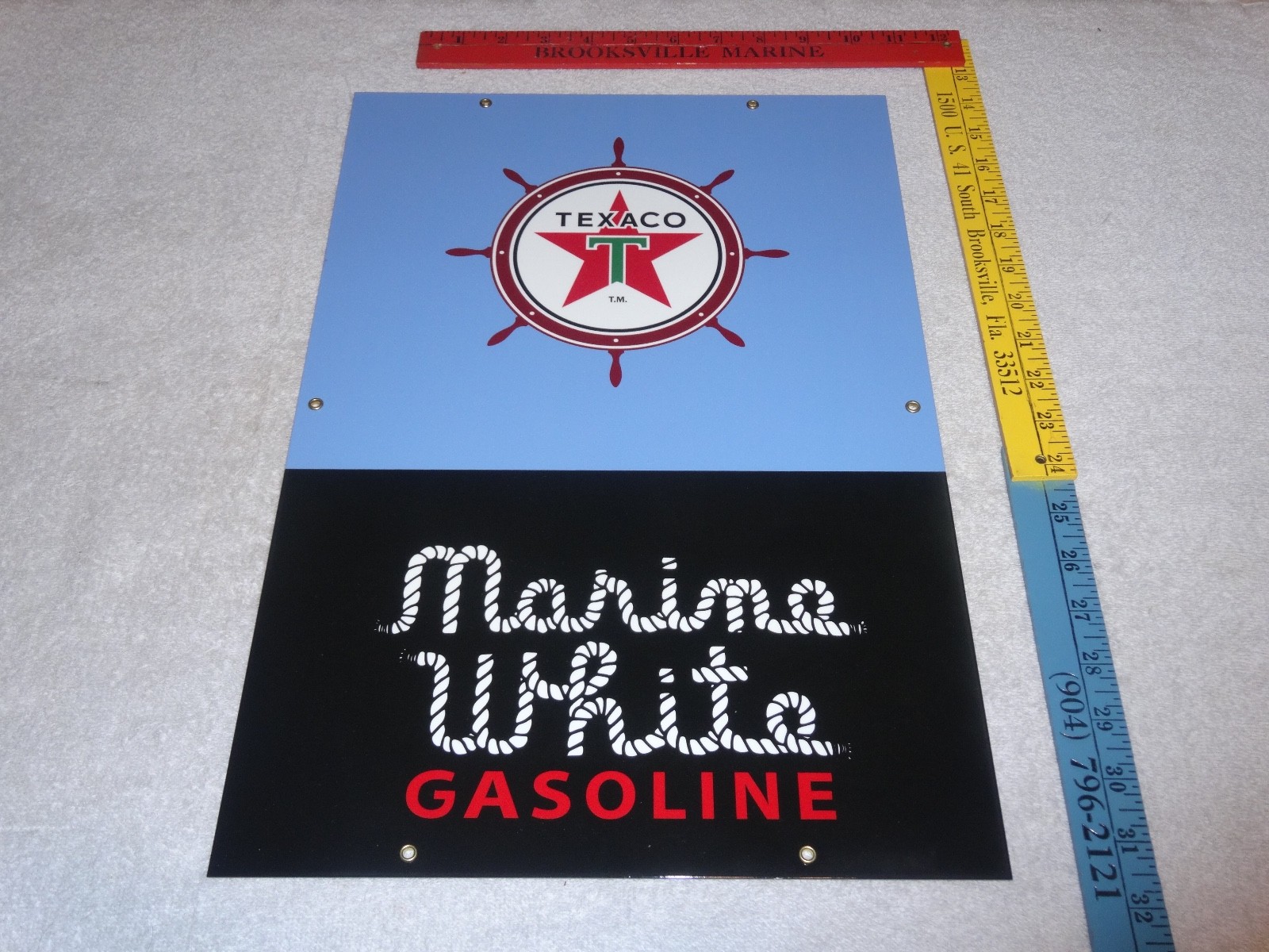 VINTAGE TEXACO MARINE WHITE GASOLINE 18" PORCELAIN METAL GAS OIL PUMP PLATE SIGN