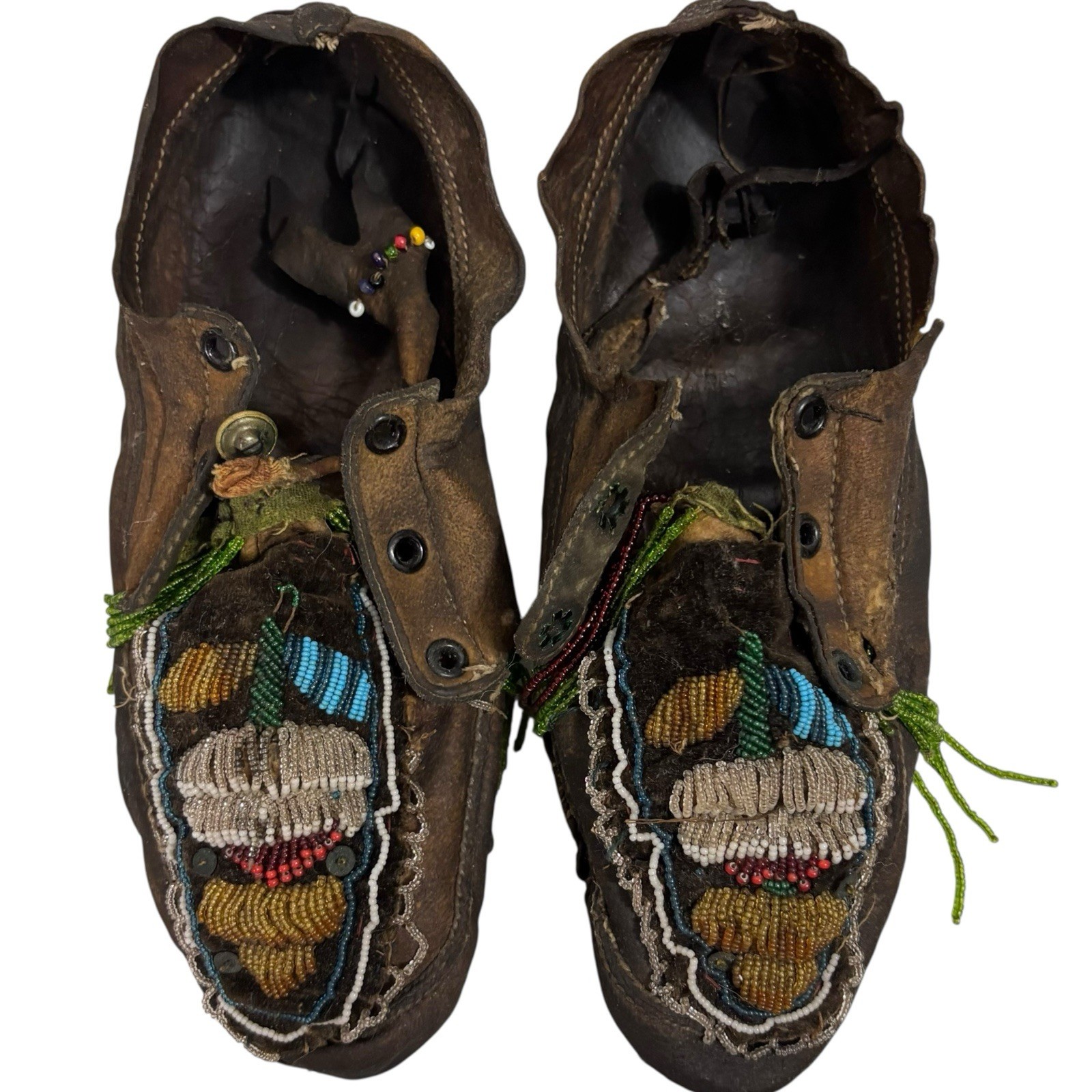 Old Antique Plains Native American Indian Beaded Moccasins Decorated Hide Shoes