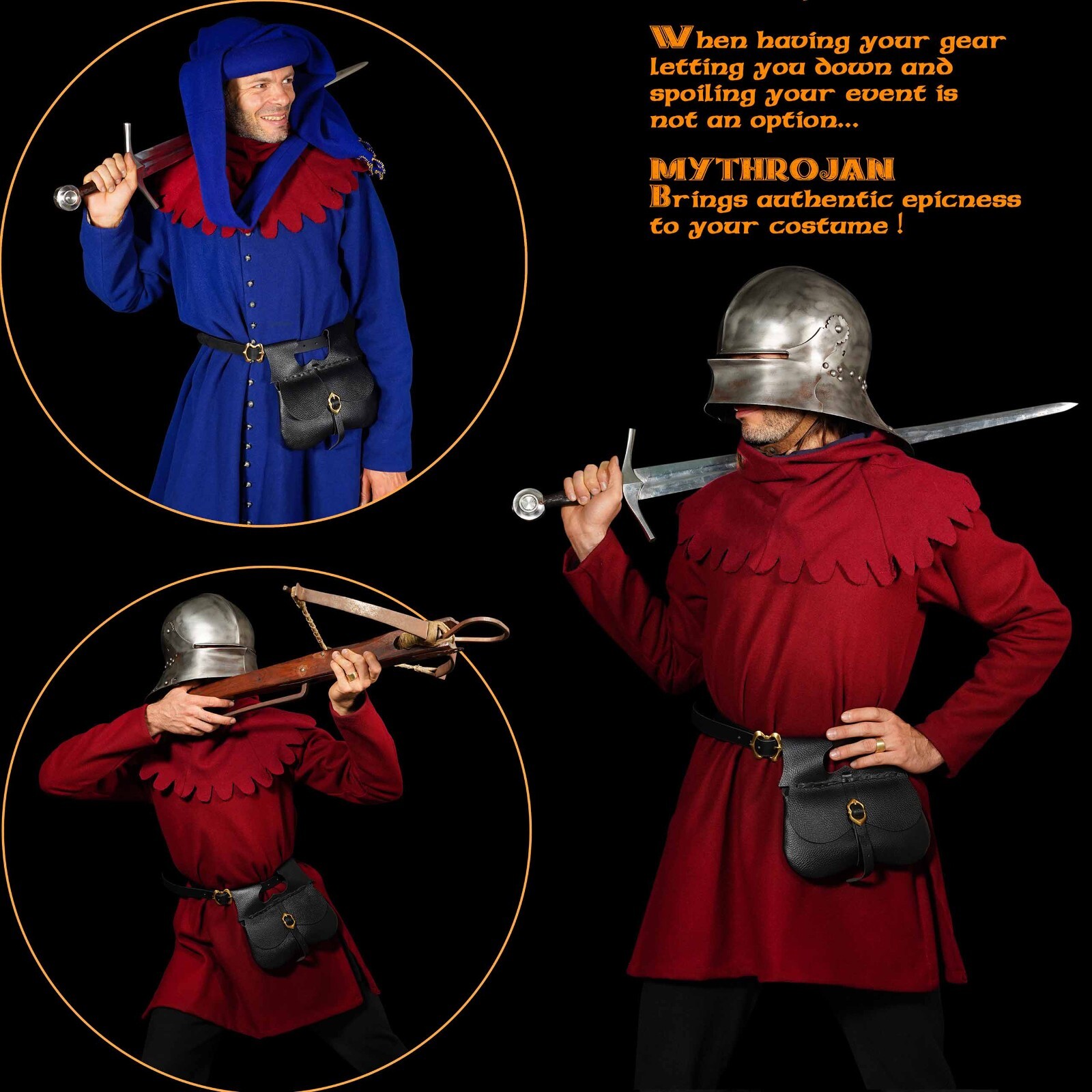 Medieval Leather Belt Pouch with Buckle Loop Reenactment Costume Bag Black