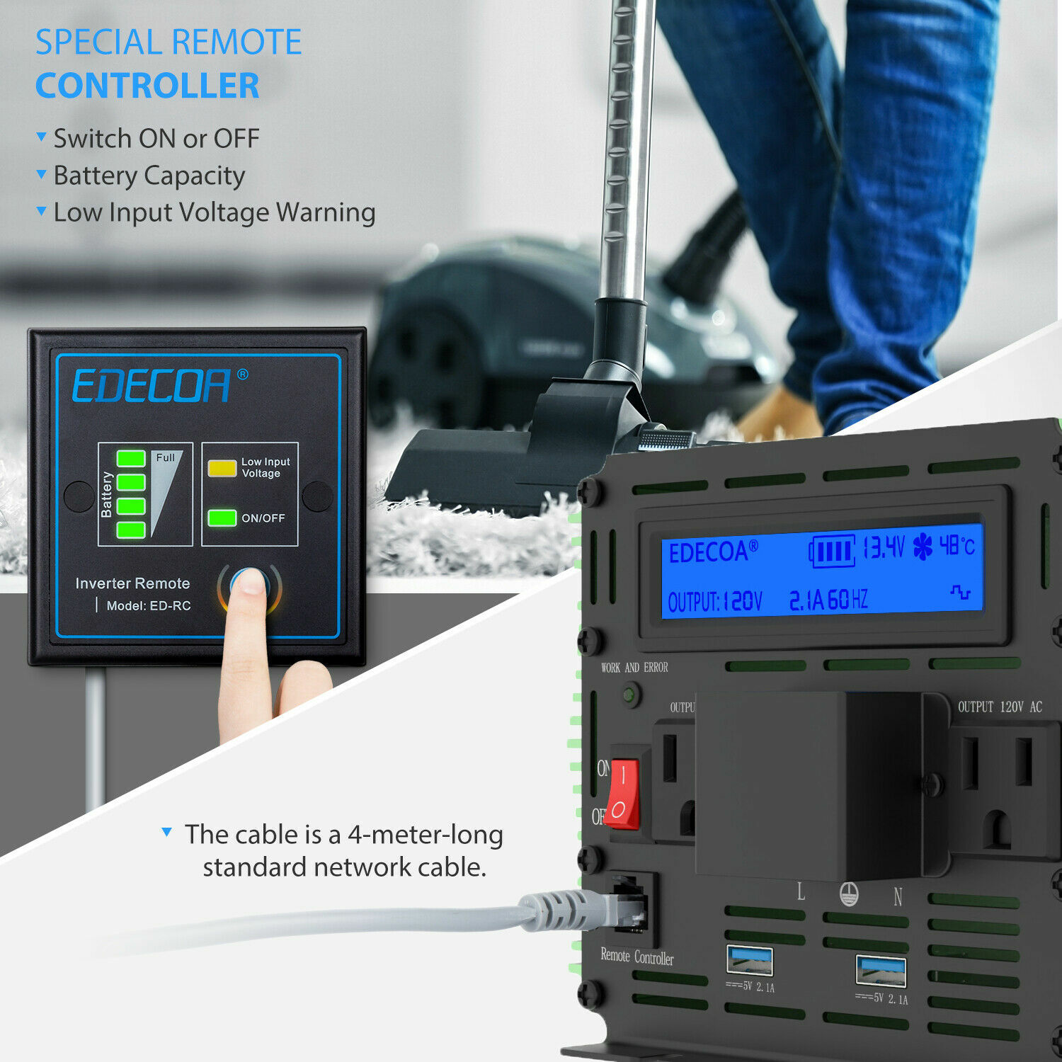 Power Inverter 3000 W 6000 Watt 12V DC to 110V 120V AC LCD Cable Car RV EDECOA