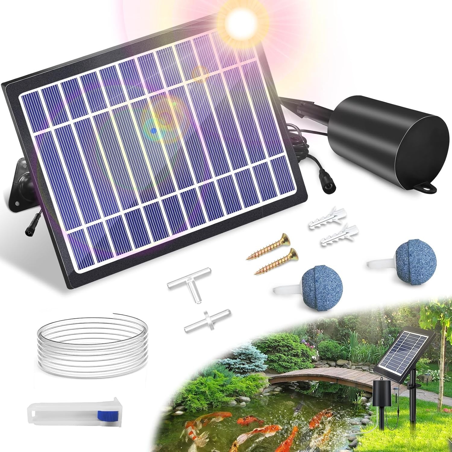 Solar Pond Aerator with Air Pump 3 Modes 4W for Fish Tanks, Ponds, Hydroponics
