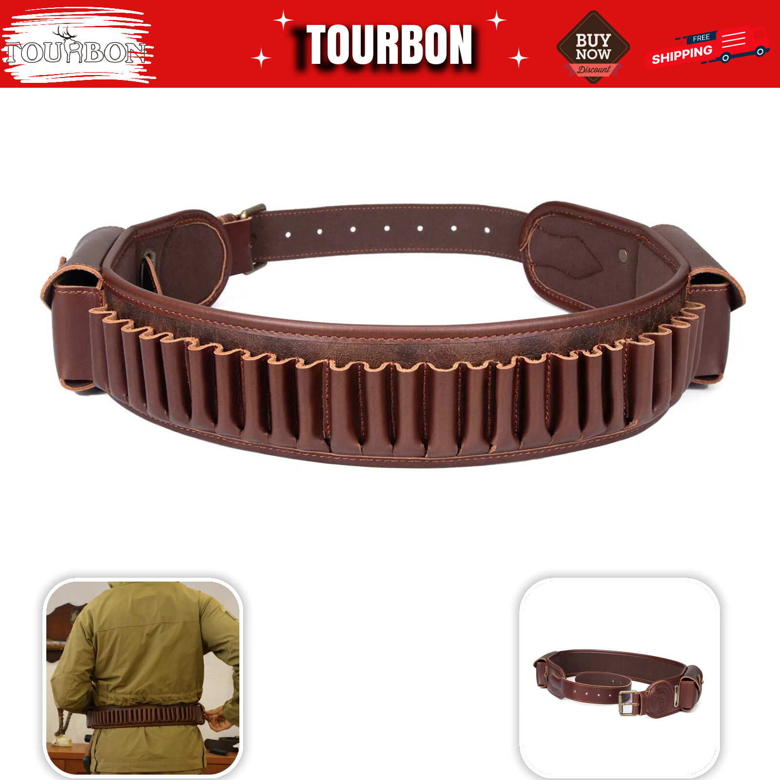 TOURBON PU Leather 410GA Ammo Belt Shotgun 45-70 Rifle Shell Carrying Side Pouch