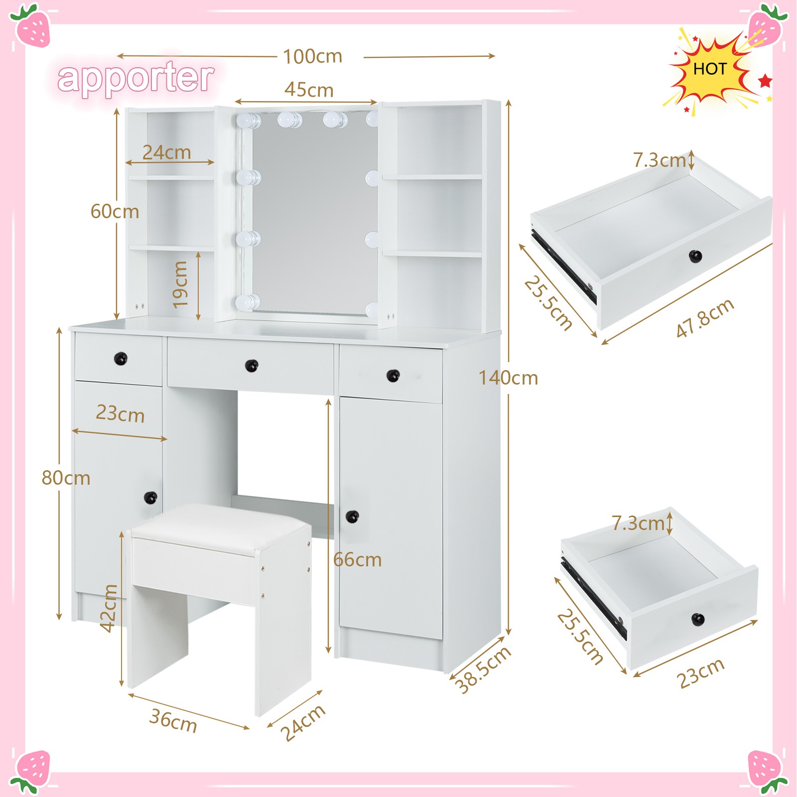 Large Dressing Table 5 Drawer Makeup Desk Dresser w/ LED Mirror and Stool