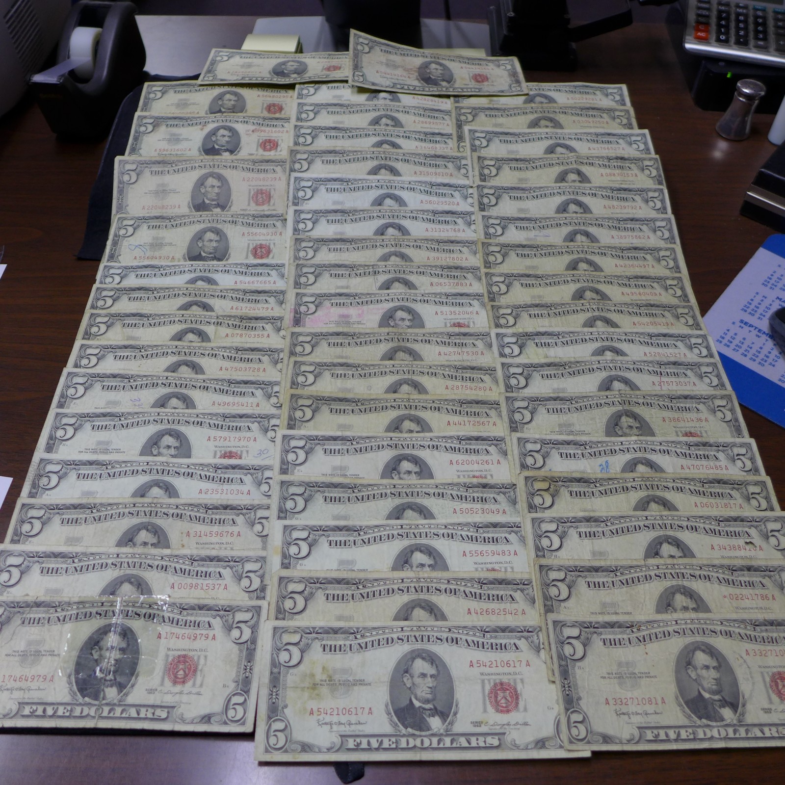 Lot of (50) 1963 Red Seal FIVE Dollar $5 Bills CIRCULATED BILLS - Culls