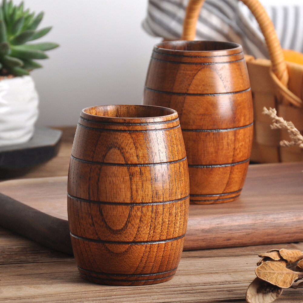 Wooden Barrel Shaped Beer Mug Classical Natural Solid Wood Drinking Cup
