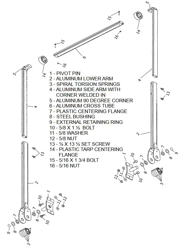 4 Spring Aluminum Arm Kit Pin to Pin for Dump Truck Tarp Systems up to 95" Long
