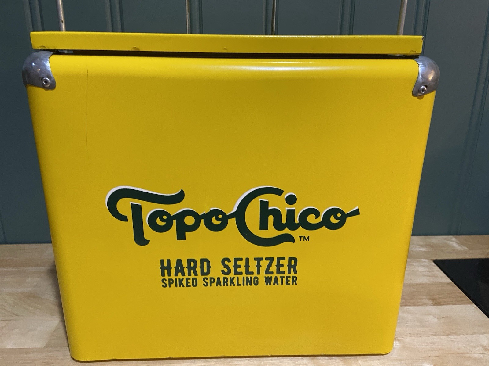Topo Chico Cooler Metal Ice Chest Box Yellow Hard Seltzer Spiked Water Sparkling