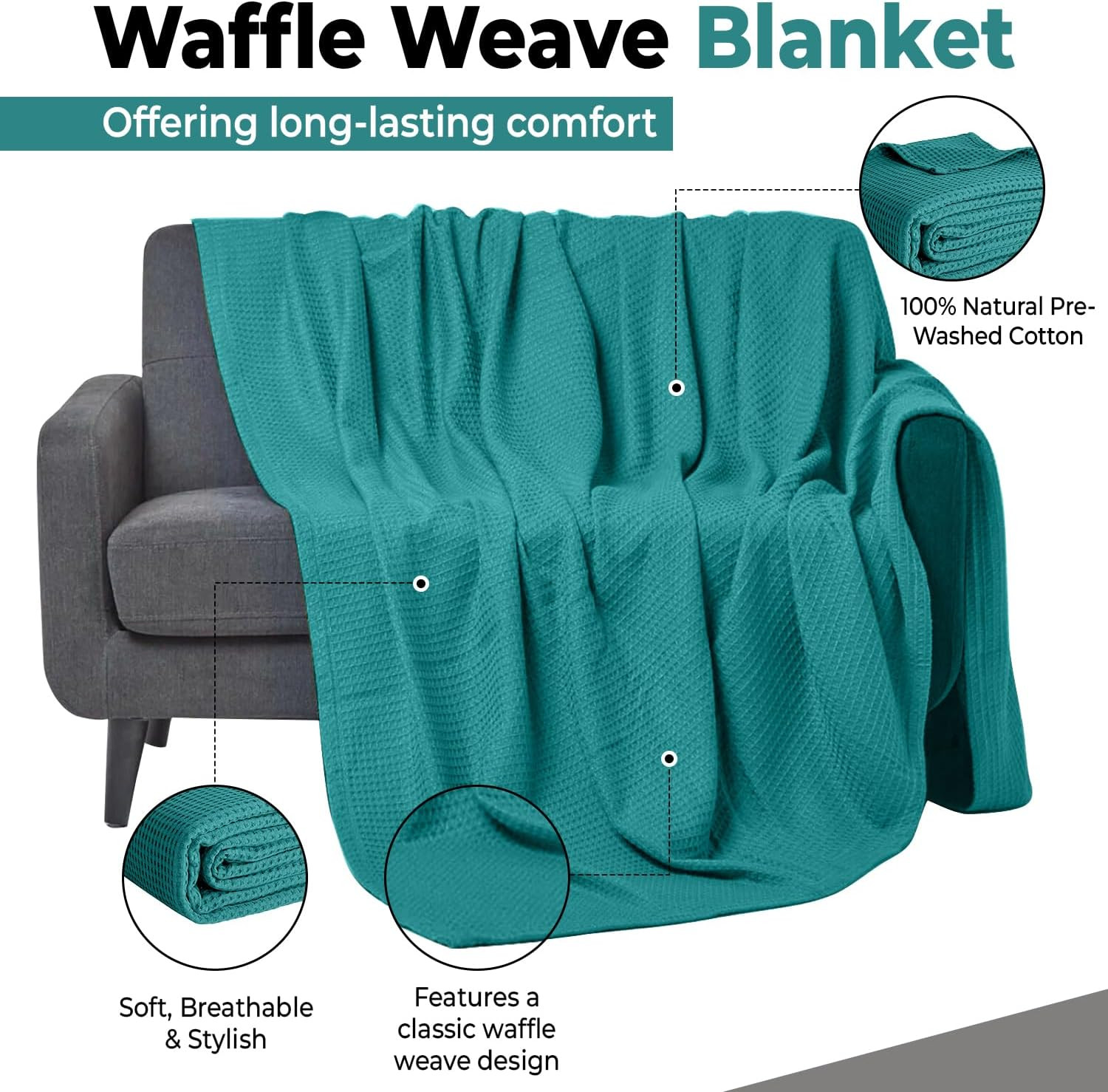 100% Cotton Waffle Weave Blanket Lightweight Soft Teal Throw 50 x 60