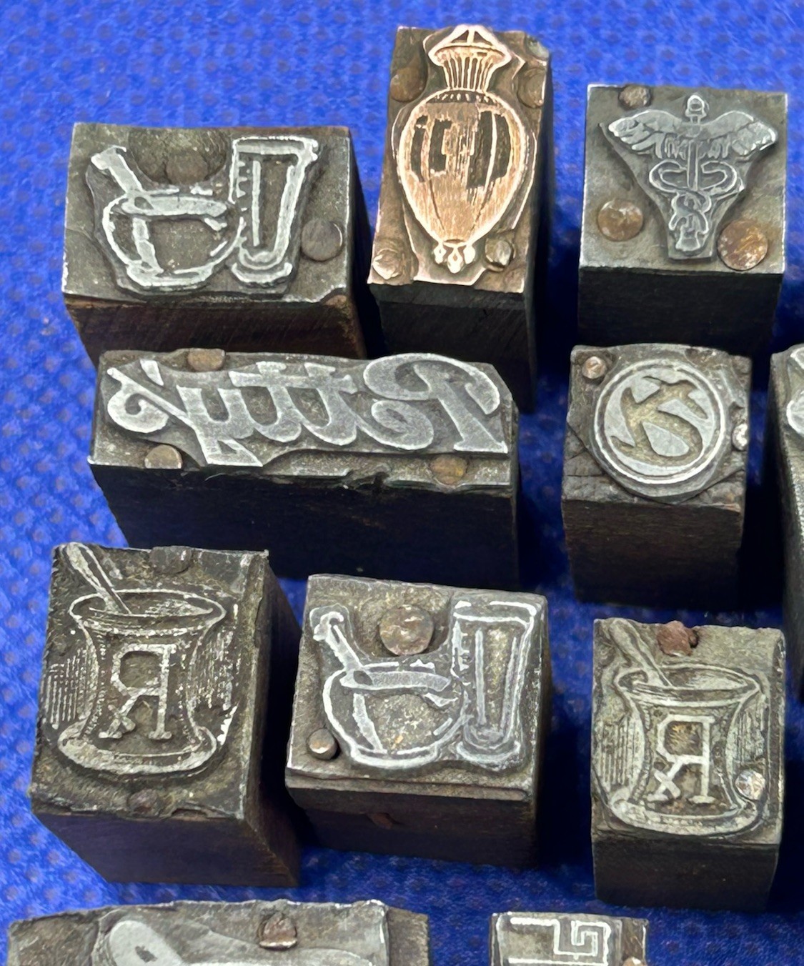 Antique Figural Pharmacy Stamping Dies Pharmacist Log Stamps - LOT OF 30
