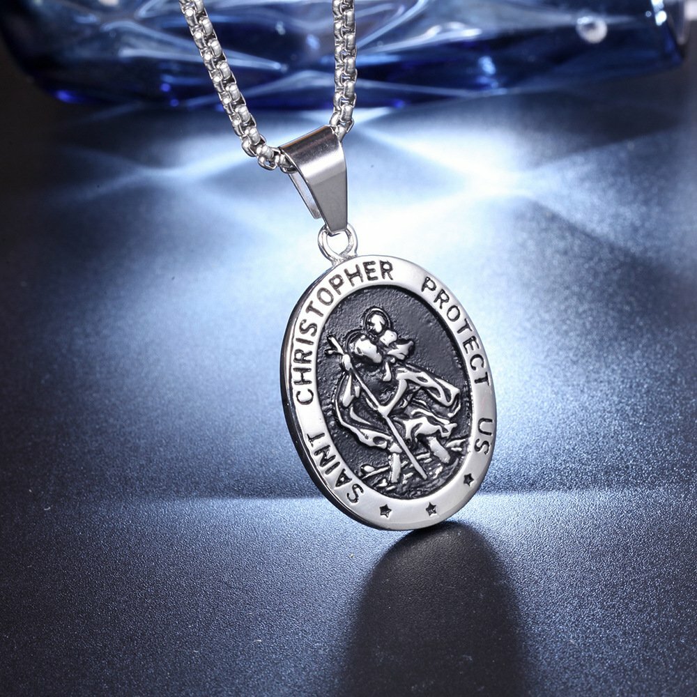 MENDEL Mens St Saint Christopher Medal Pendant Necklace Stainless Steel Amulet