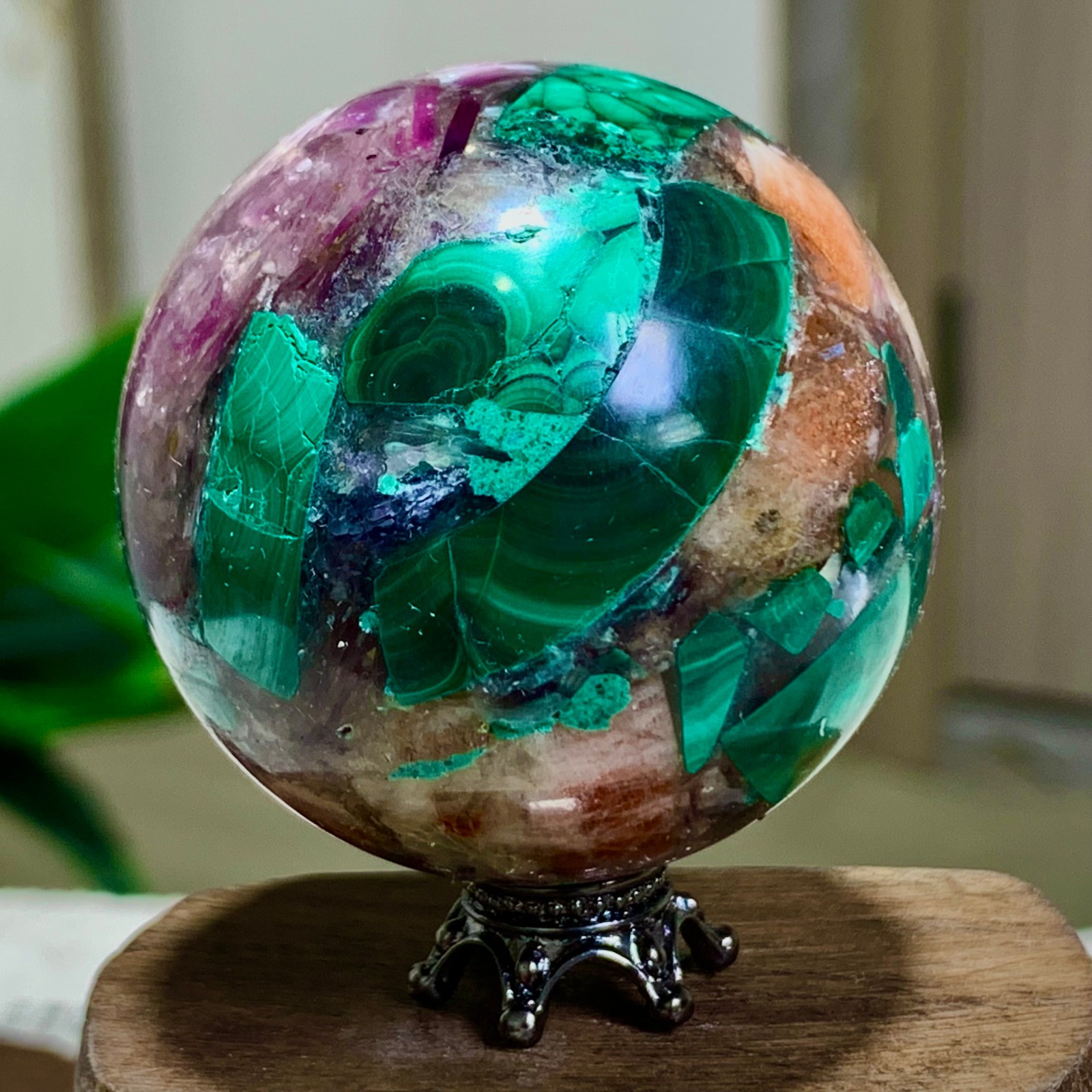 117G Newly discovered rare malachite purple mica symbiotic sphere restoration