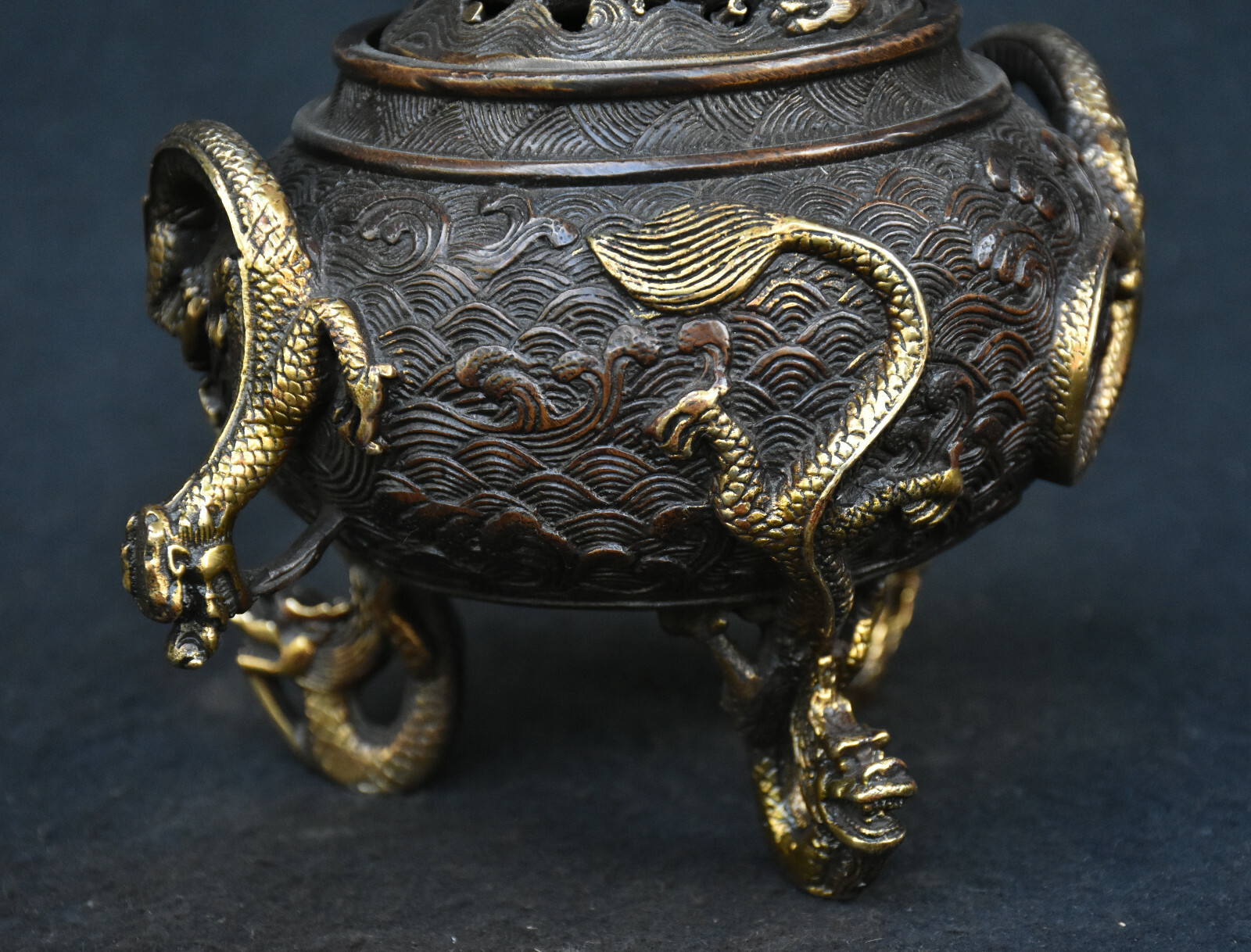 Old Chinese Dynasty Bronze Gilt Animal Dragon Loong Beast Incense Burner Censer