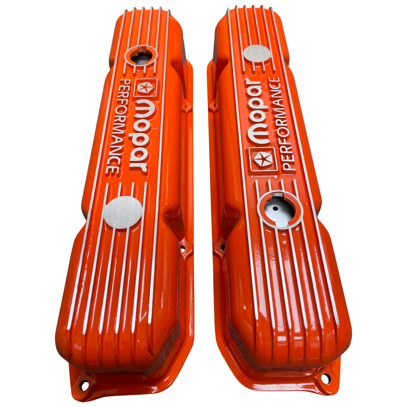 NOS Mopar 383 400 440 ORANGE Die-Cast Aluminum Valve Covers W/ Logo Breathers